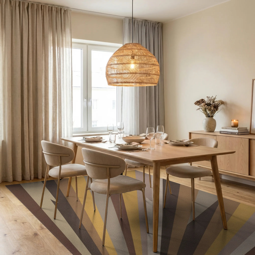 Earthy Burst Abstract Sunbeam Rug Dining Room View