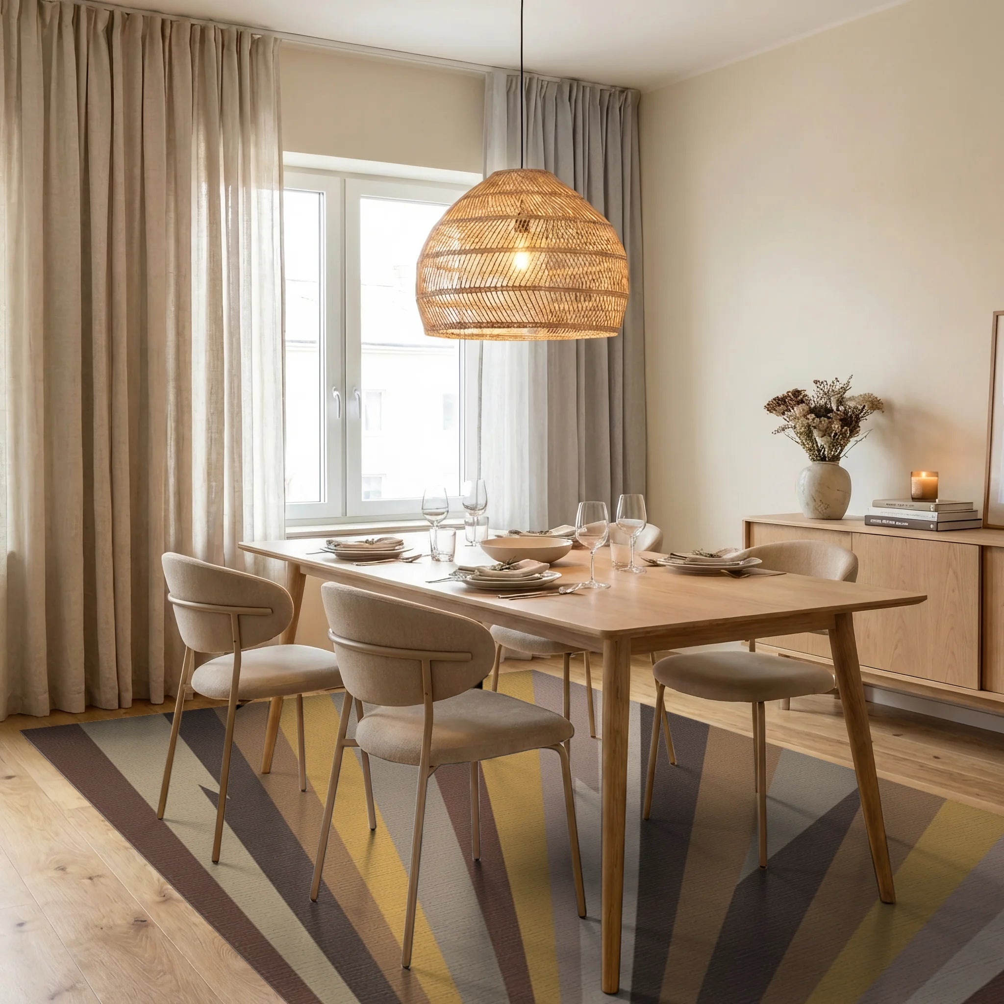 Earthy Burst Abstract Sunbeam Rug Dining Room View