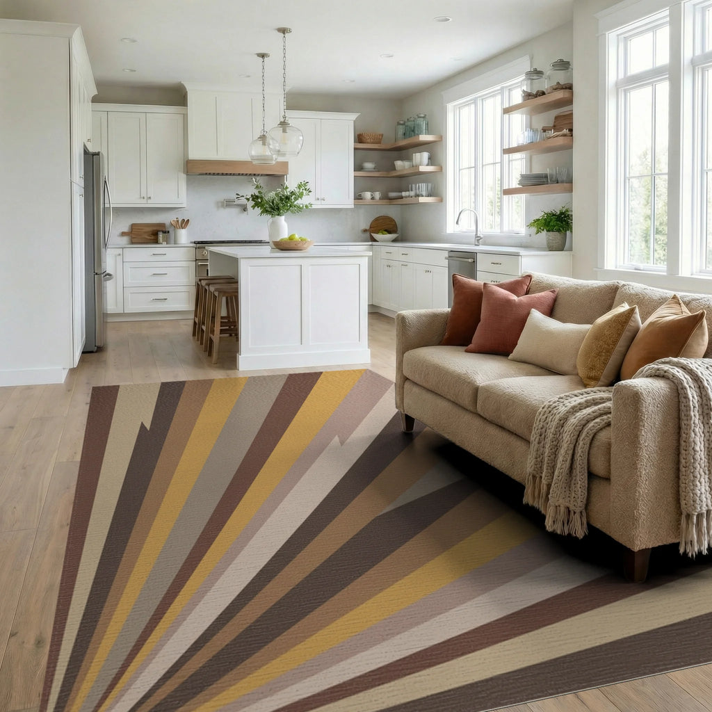 Earthy Burst Abstract Sunbeam Rug Living Room View