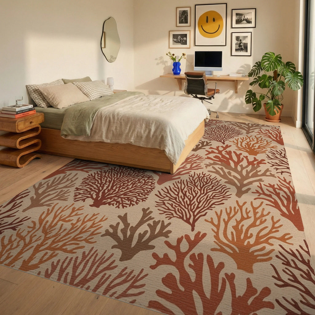 Earthy Coral Branches Repeating Pattern Rug Bedroom View