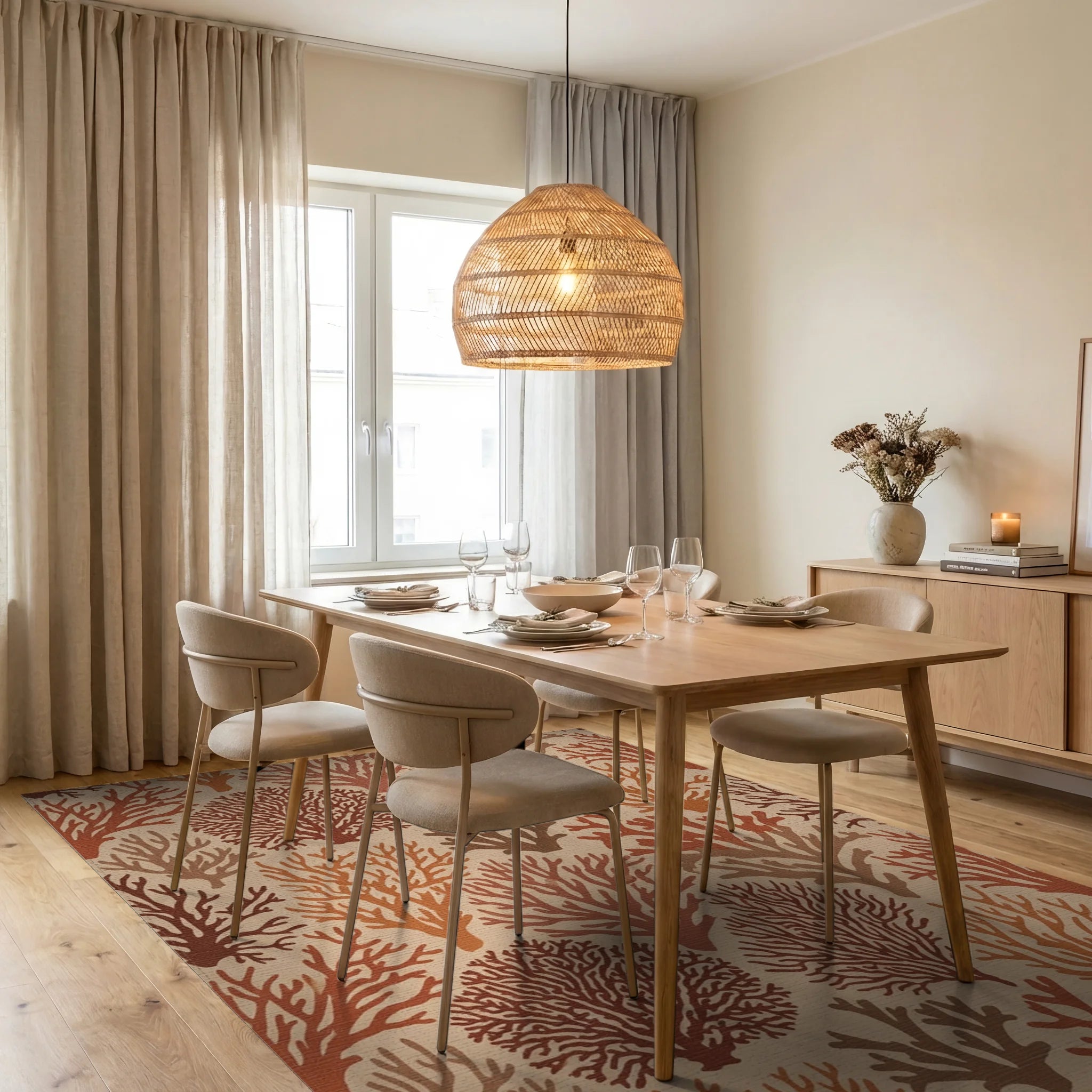 Earthy Coral Branches Repeating Pattern Rug Dining Room View