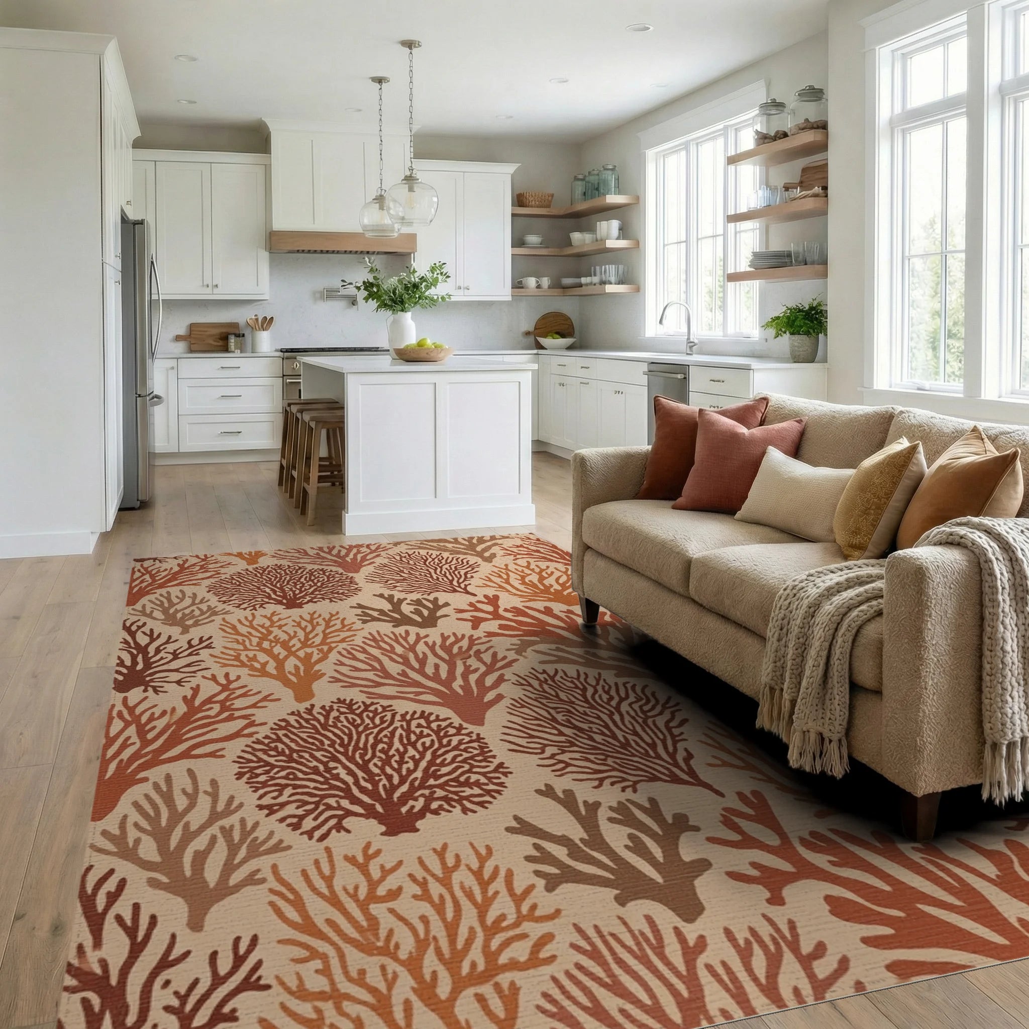 Earthy Coral Branches Repeating Pattern Rug Living Room View