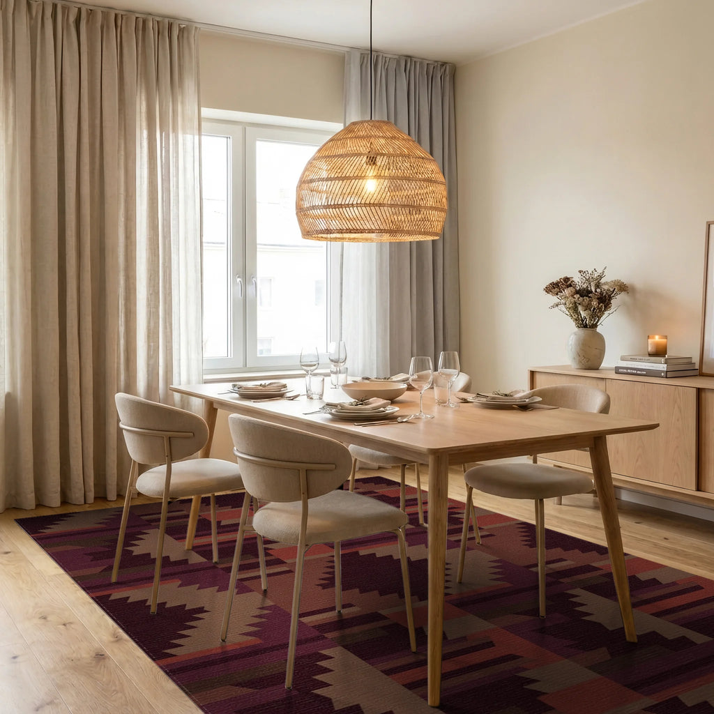 Earthy Crimson Chevron Block Rug Dining Room View