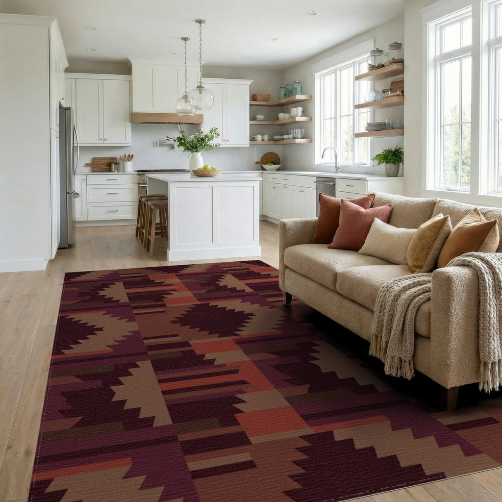Earthy Crimson Chevron Block Rug Living Room View