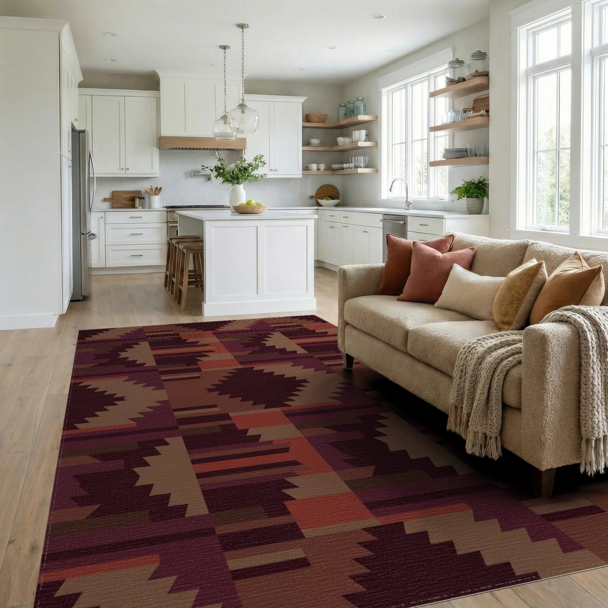 Earthy Crimson Chevron Block Rug Living Room View