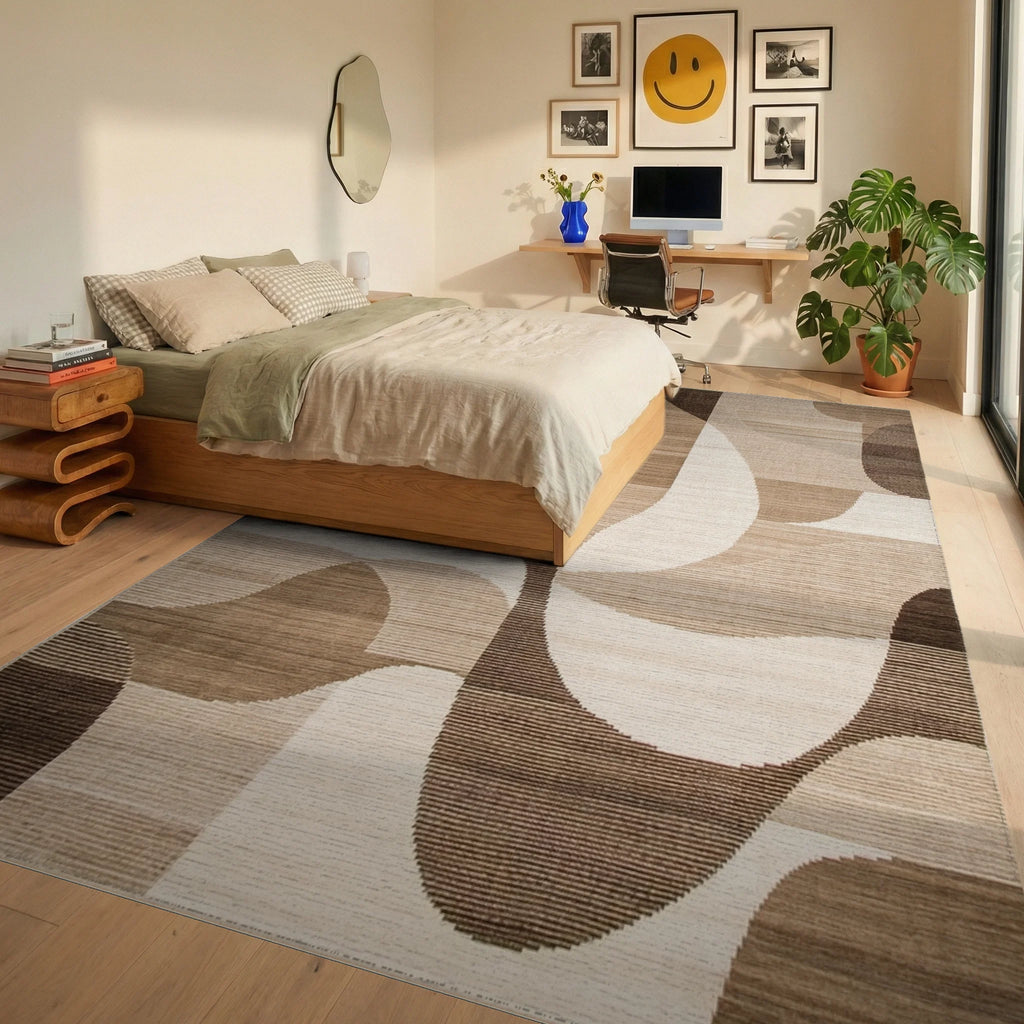 Earthy Curves Abstract Geometric Rug - Bedroom View