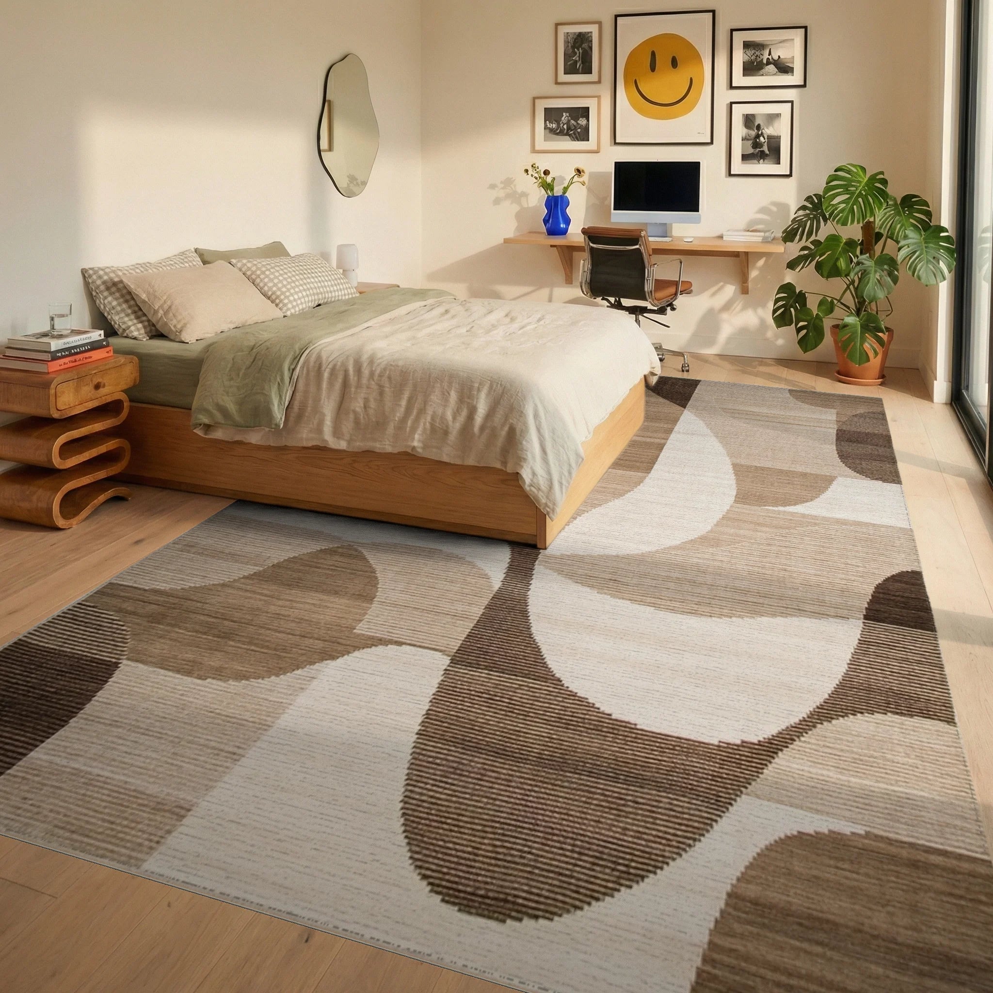 Earthy Curves Abstract Geometric Rug - Bedroom View