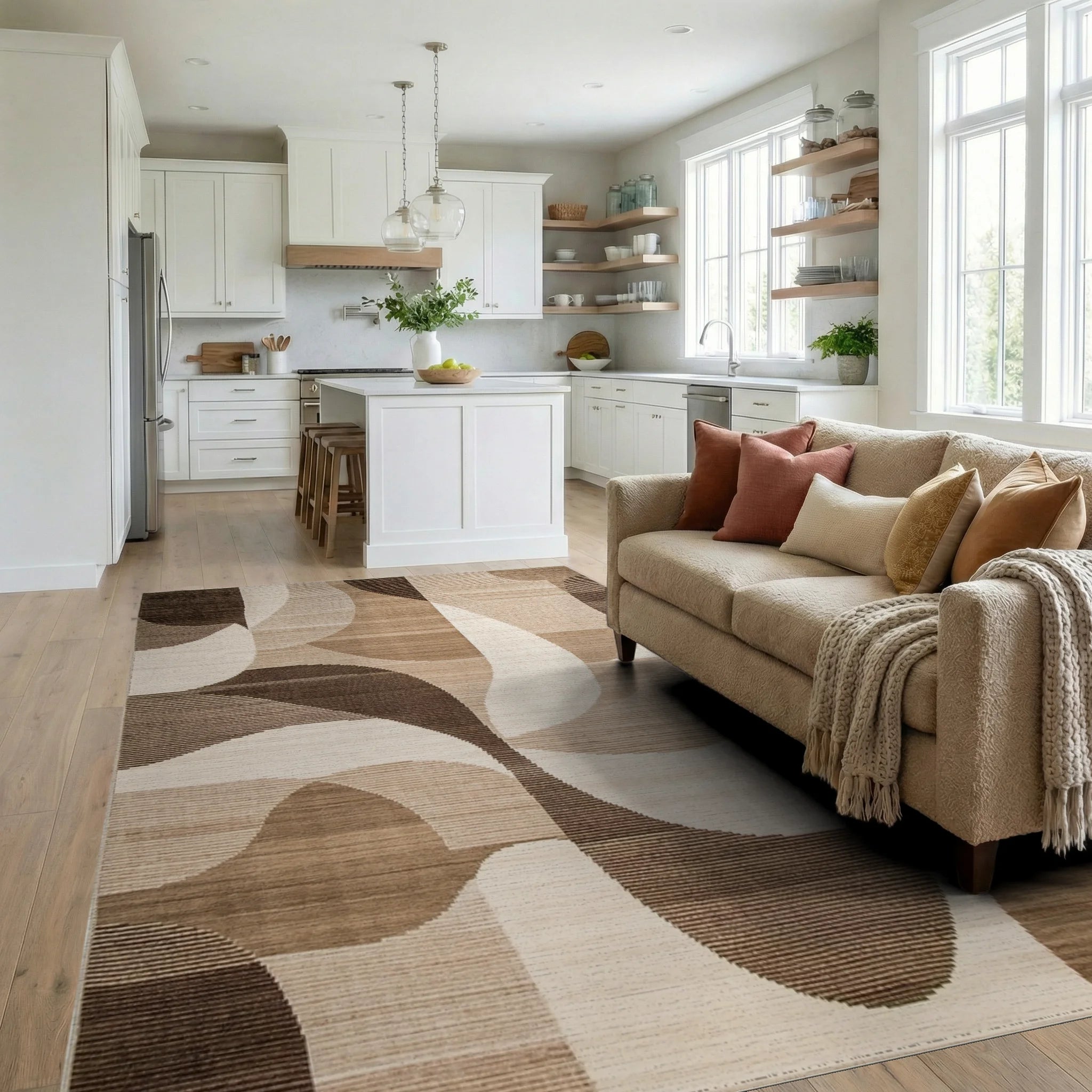 Earthy Curves Abstract Geometric Rug - Living Room View