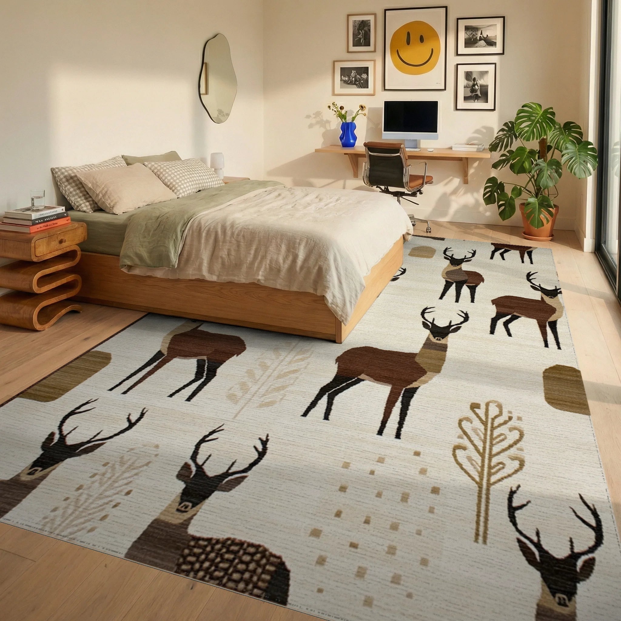 Earthy Deer Woodland Forestscape Rug - Bedroom View