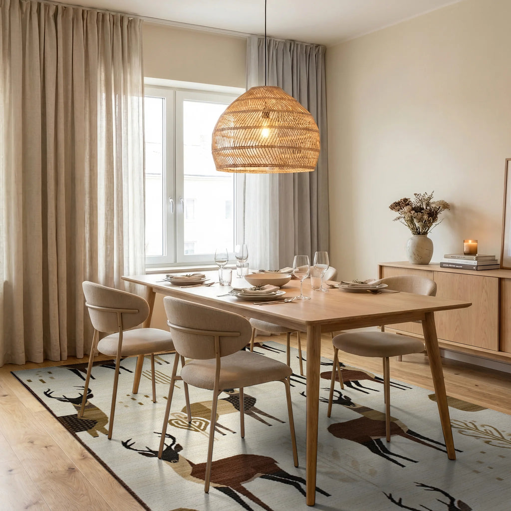 Earthy Deer Woodland Forestscape Rug - Dining Room View
