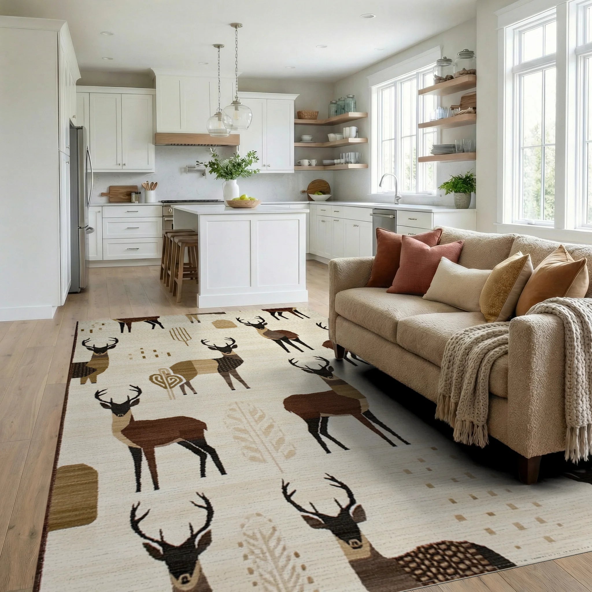 Earthy Deer Woodland Forestscape Rug - Living Room View