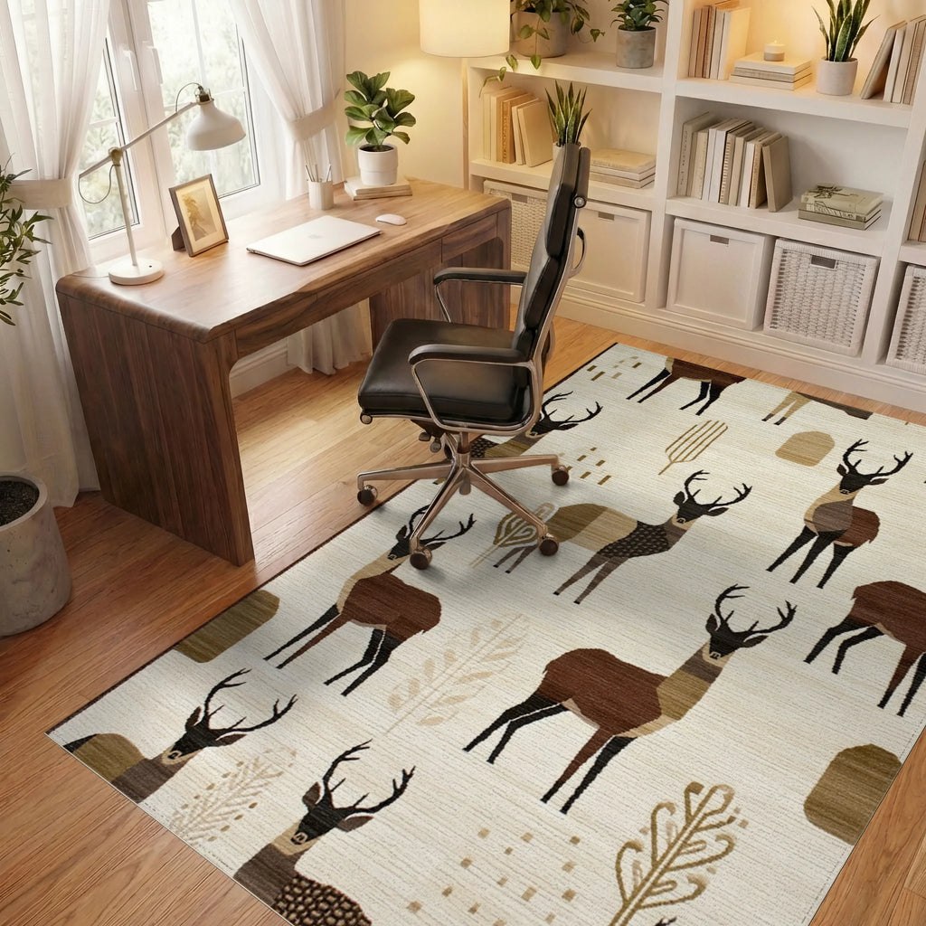 Earthy Deer Woodland Forestscape Rug - Office View