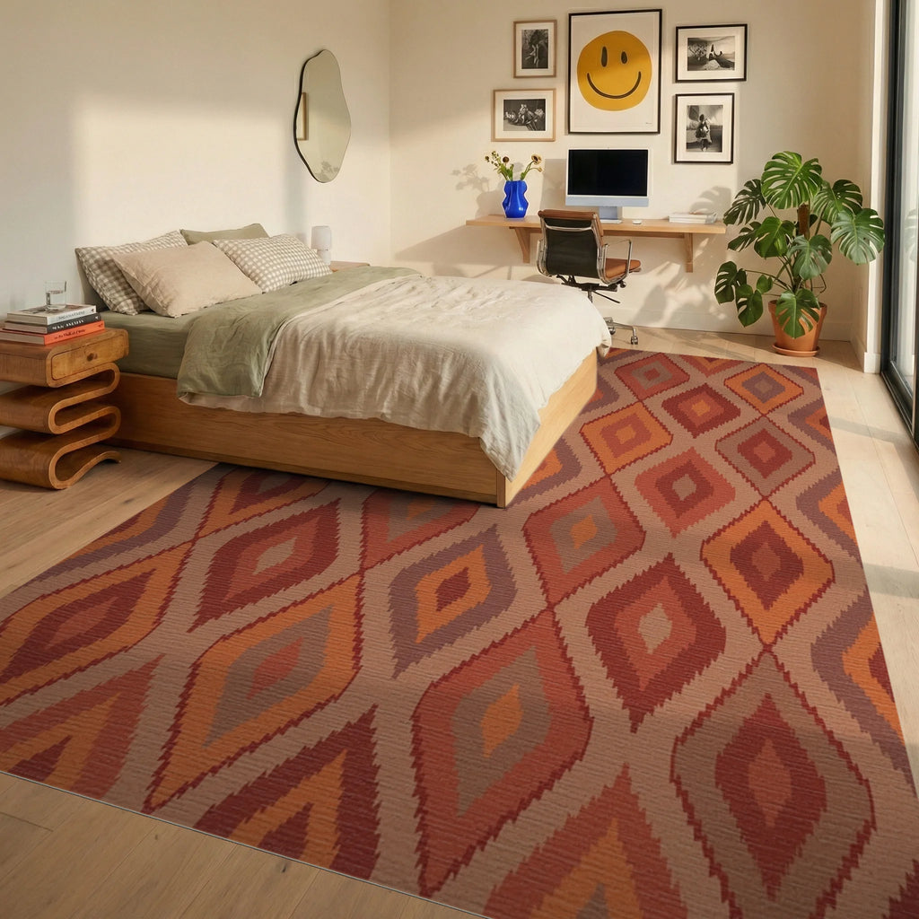 Earthy Diamond Gradient Rug Bedroom View