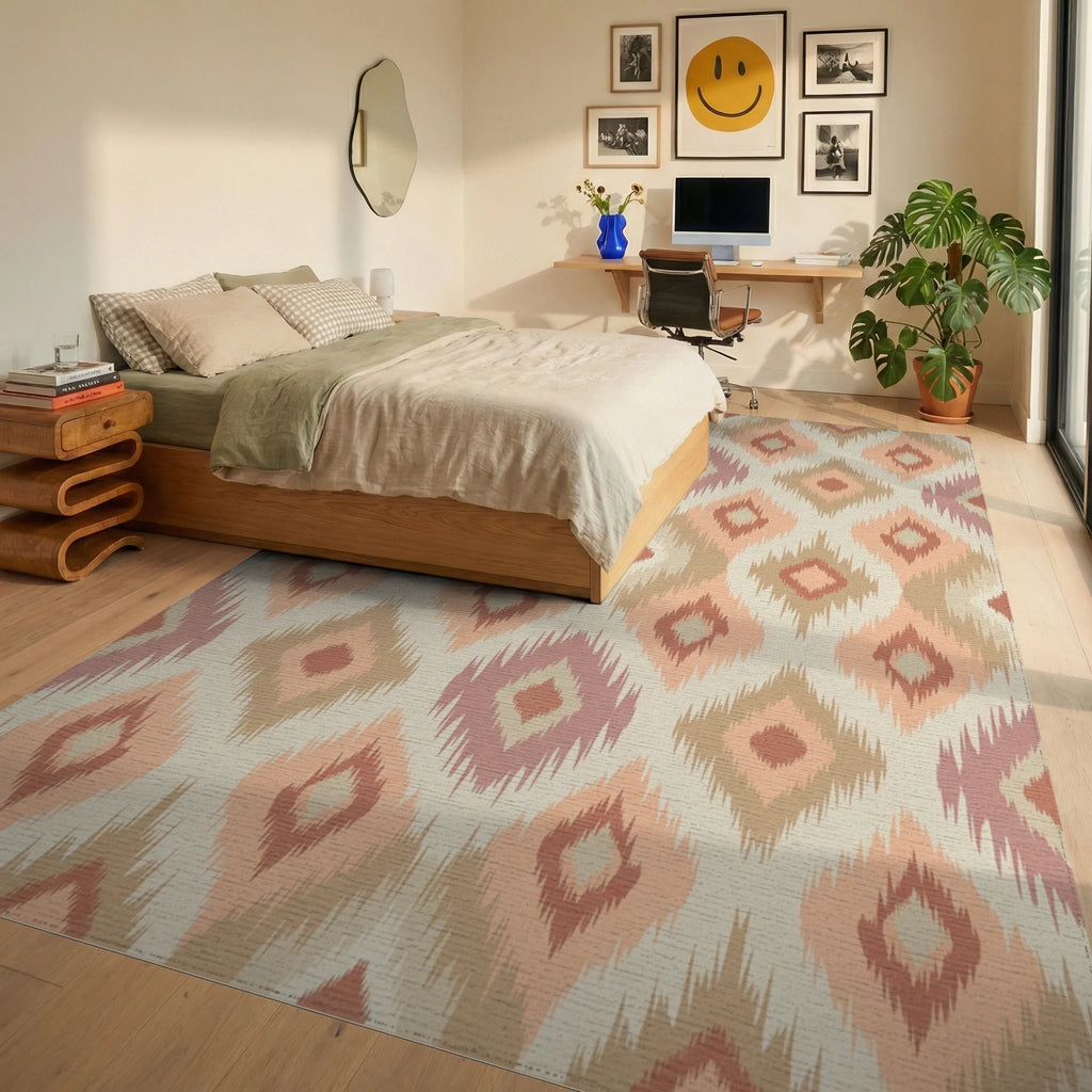Earthy Diamond Ikat Textile Rug Bedroom View