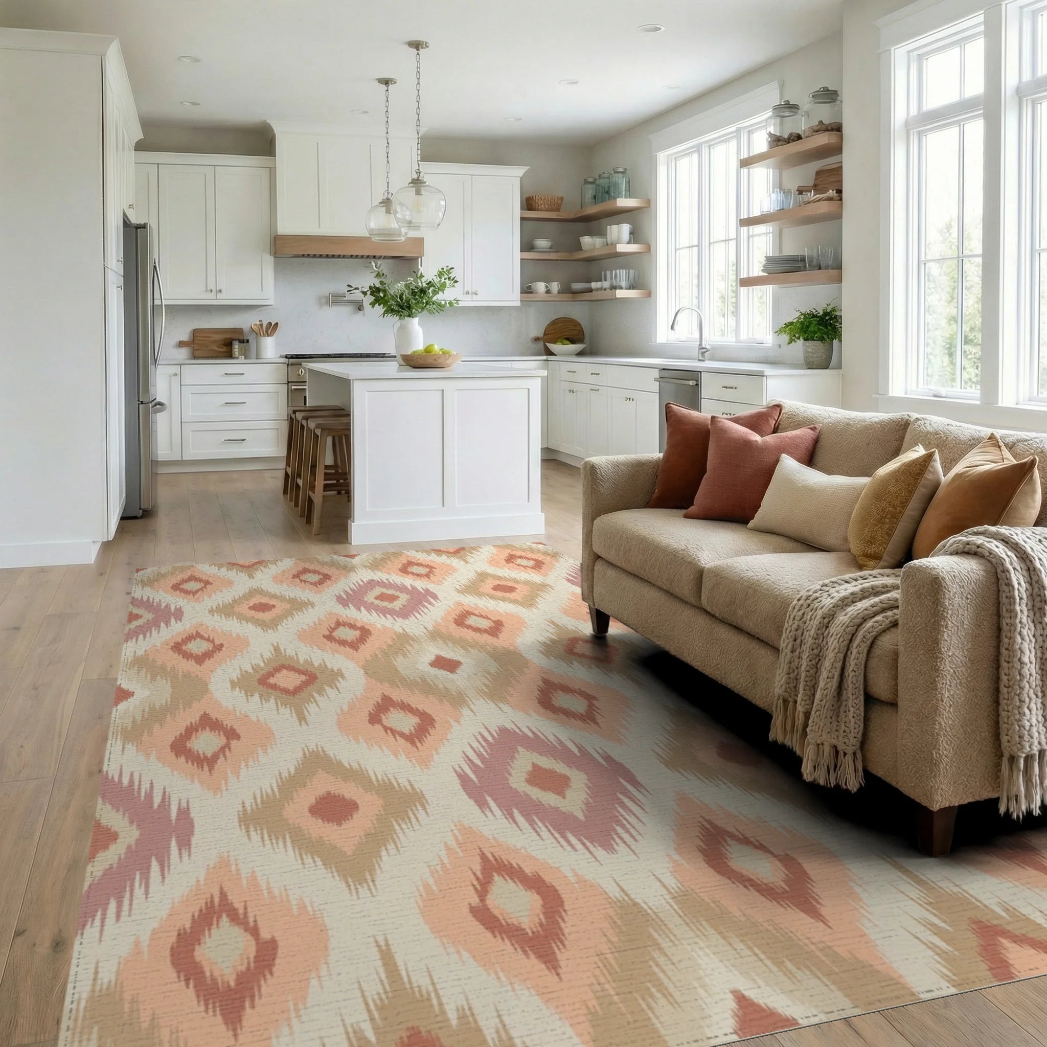 Earthy Diamond Ikat Textile Rug Living Room View