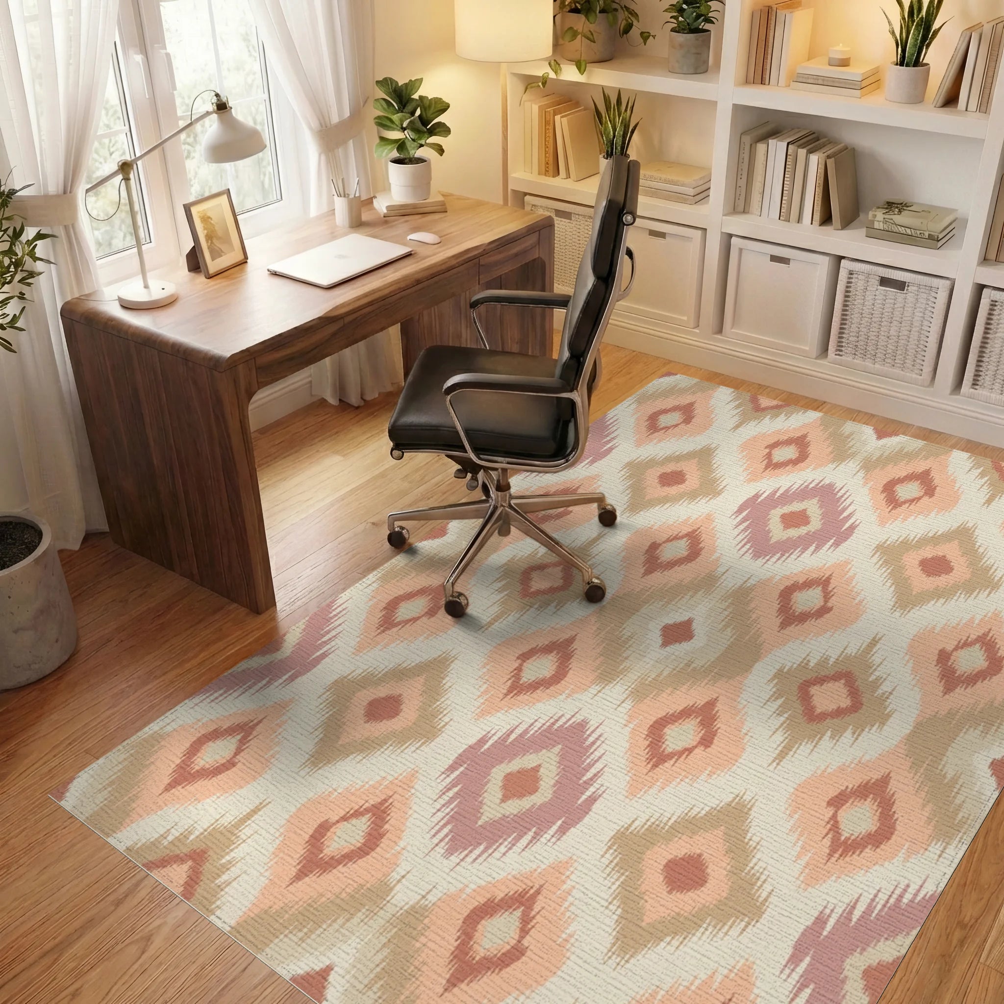 Earthy Diamond Ikat Textile Rug Office View