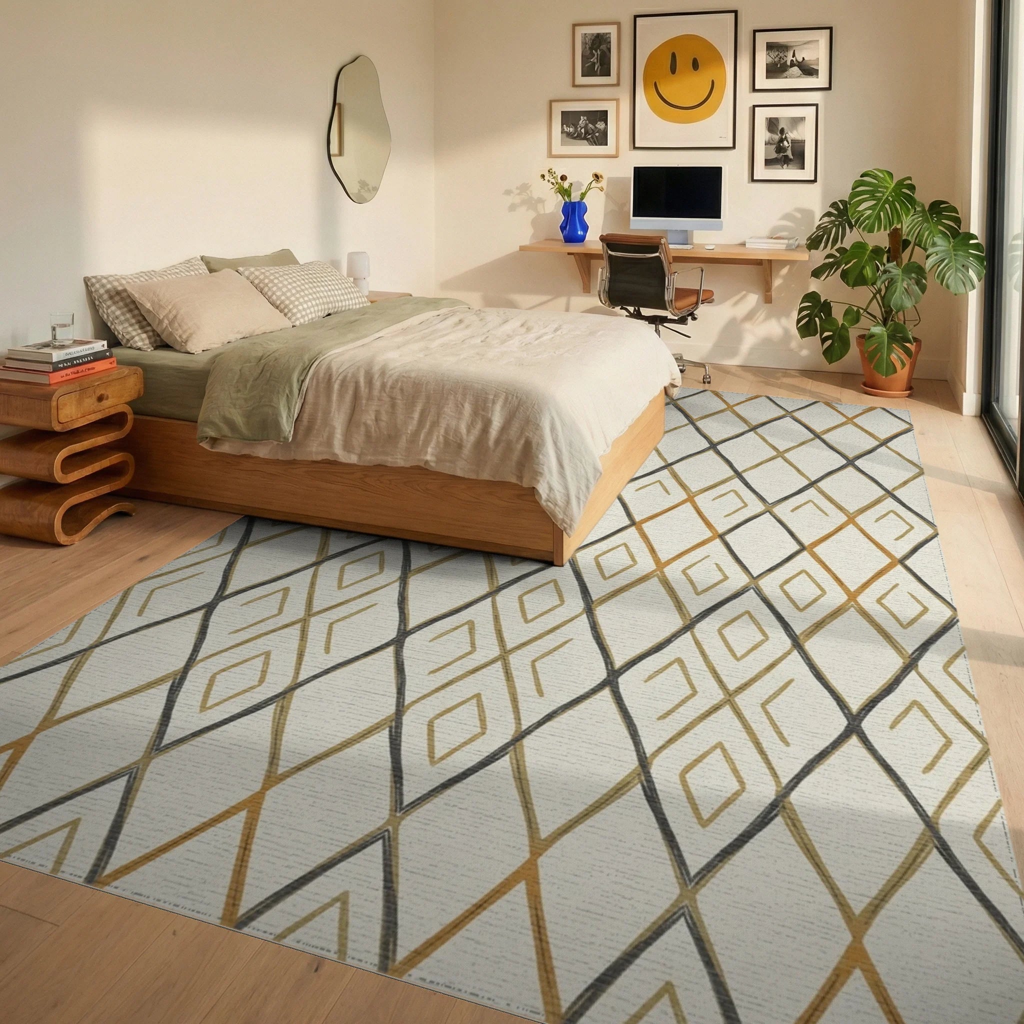 Earthy Diamond Lattice Rug Bedroom View