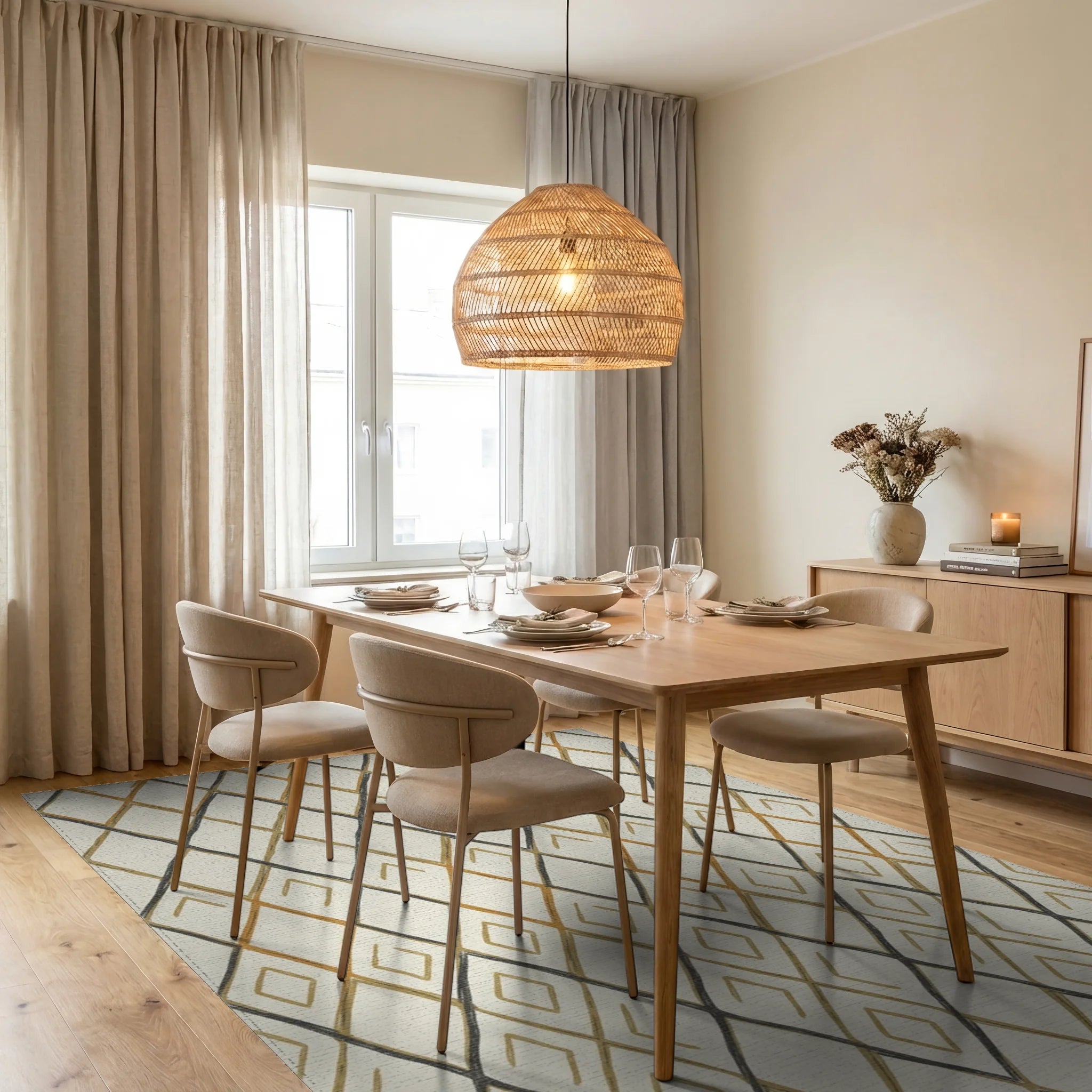 Earthy Diamond Lattice Rug Dining Room View
