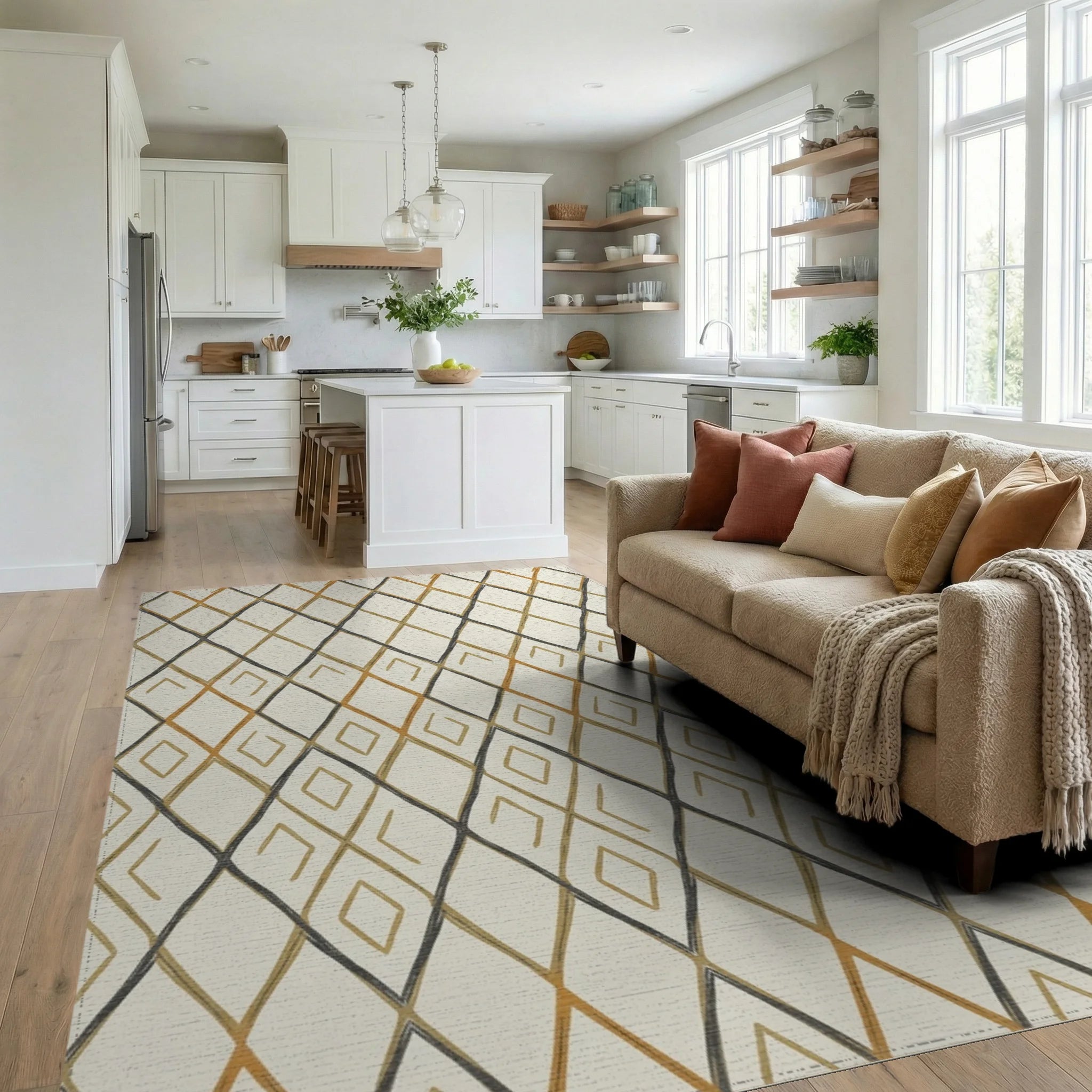 Earthy Diamond Lattice Rug Living Room View