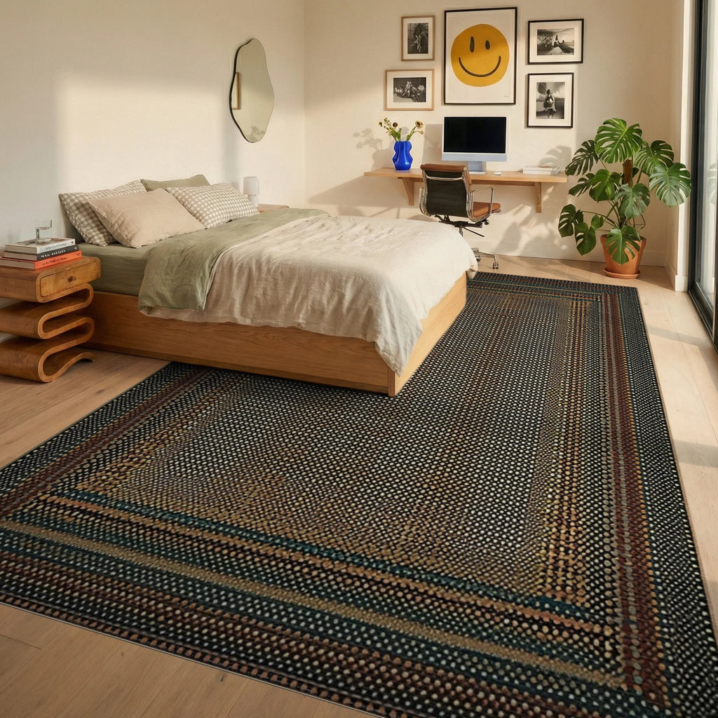 Earthy Dotted Geometric Border Rug - Bedroom View