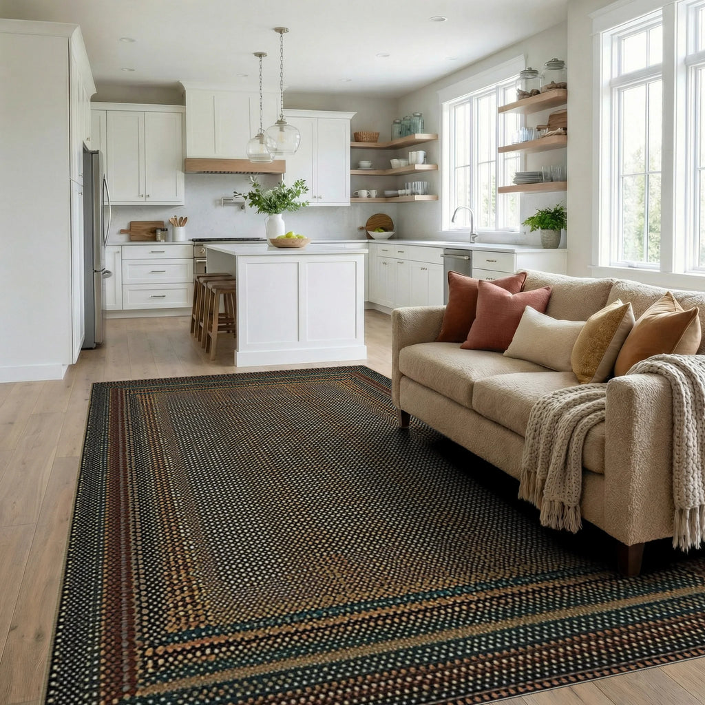 Earthy Dotted Geometric Border Rug - Living Room View
