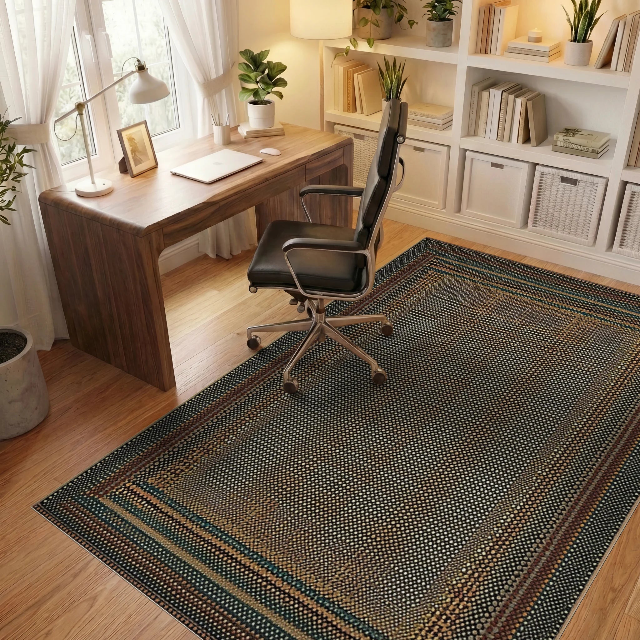 Earthy Dotted Geometric Border Rug - Office View