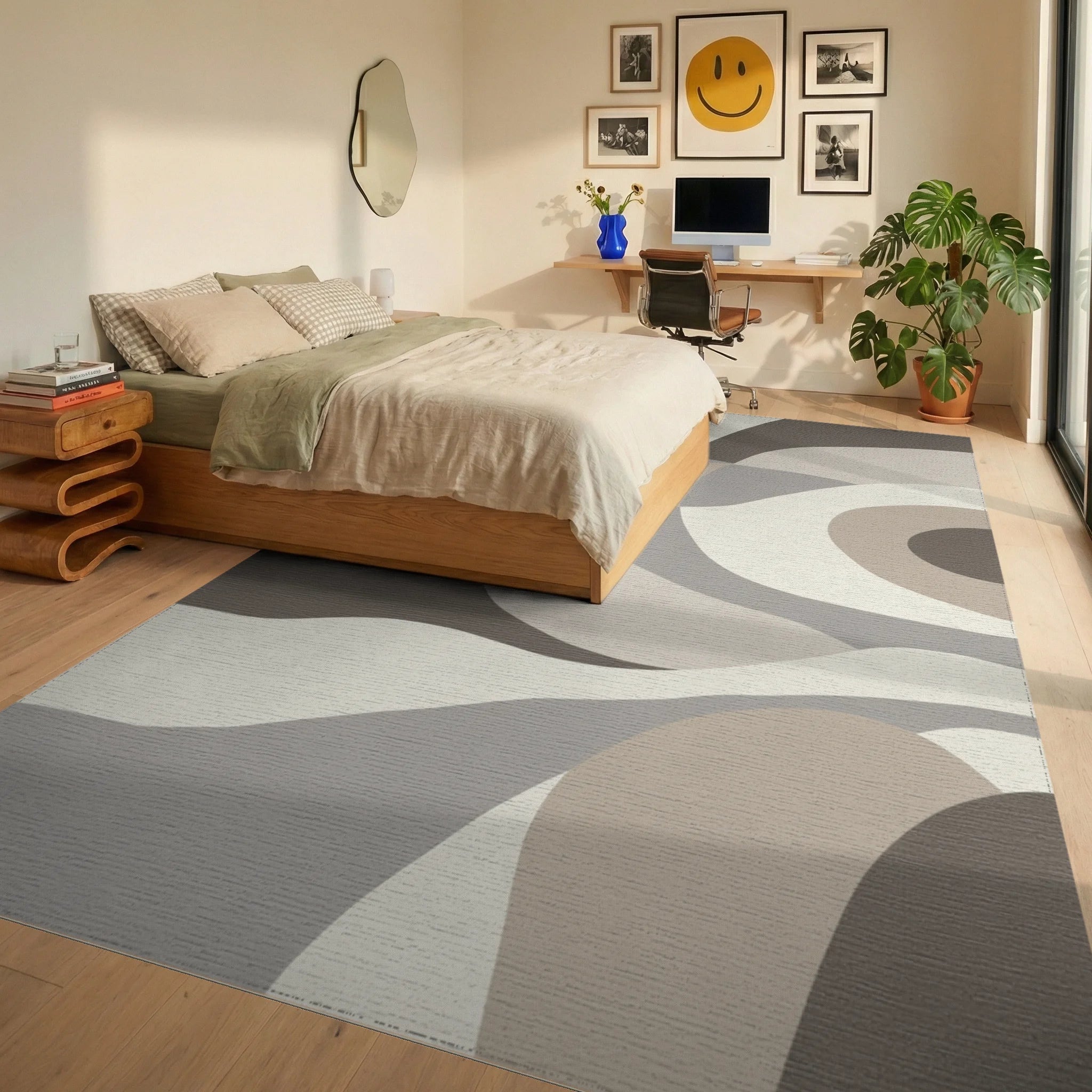 Earthy Dune Abstract Wave Rug Bedroom View
