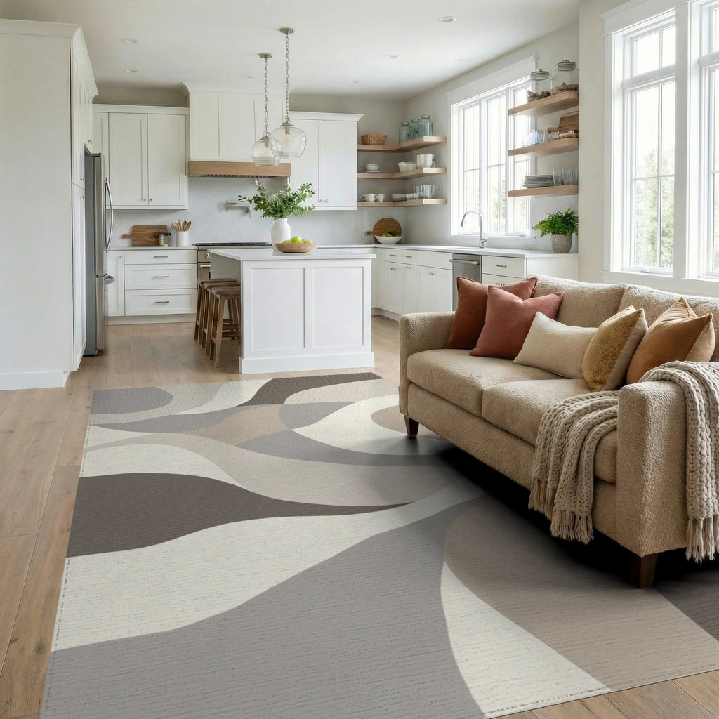 Earthy Dune Abstract Wave Rug Living Room View