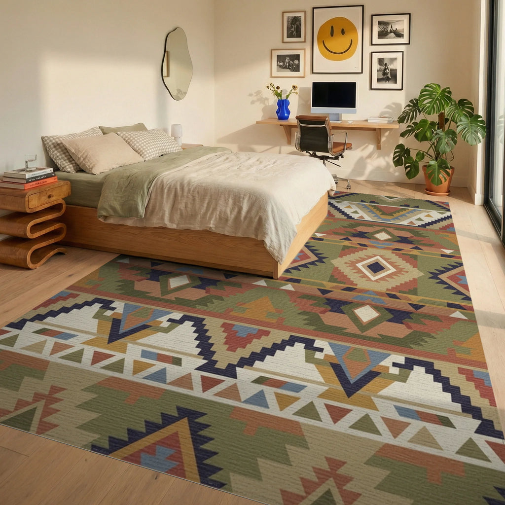 Earthy Earthy Ethnic Diamond Geometric Rug Bedroom View