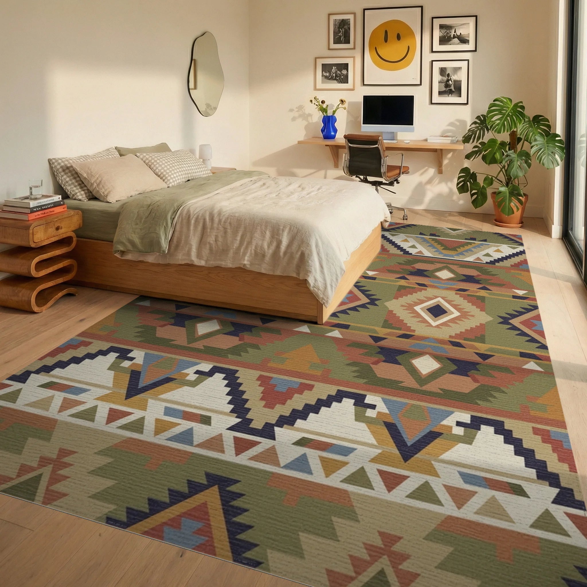 Earthy Earthy Ethnic Diamond Geometric Rug Bedroom View