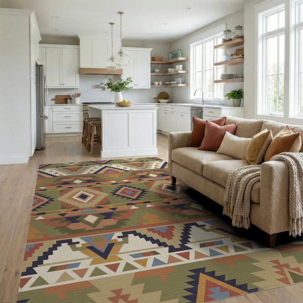 Earthy Earthy Ethnic Diamond Geometric Rug Living Room View