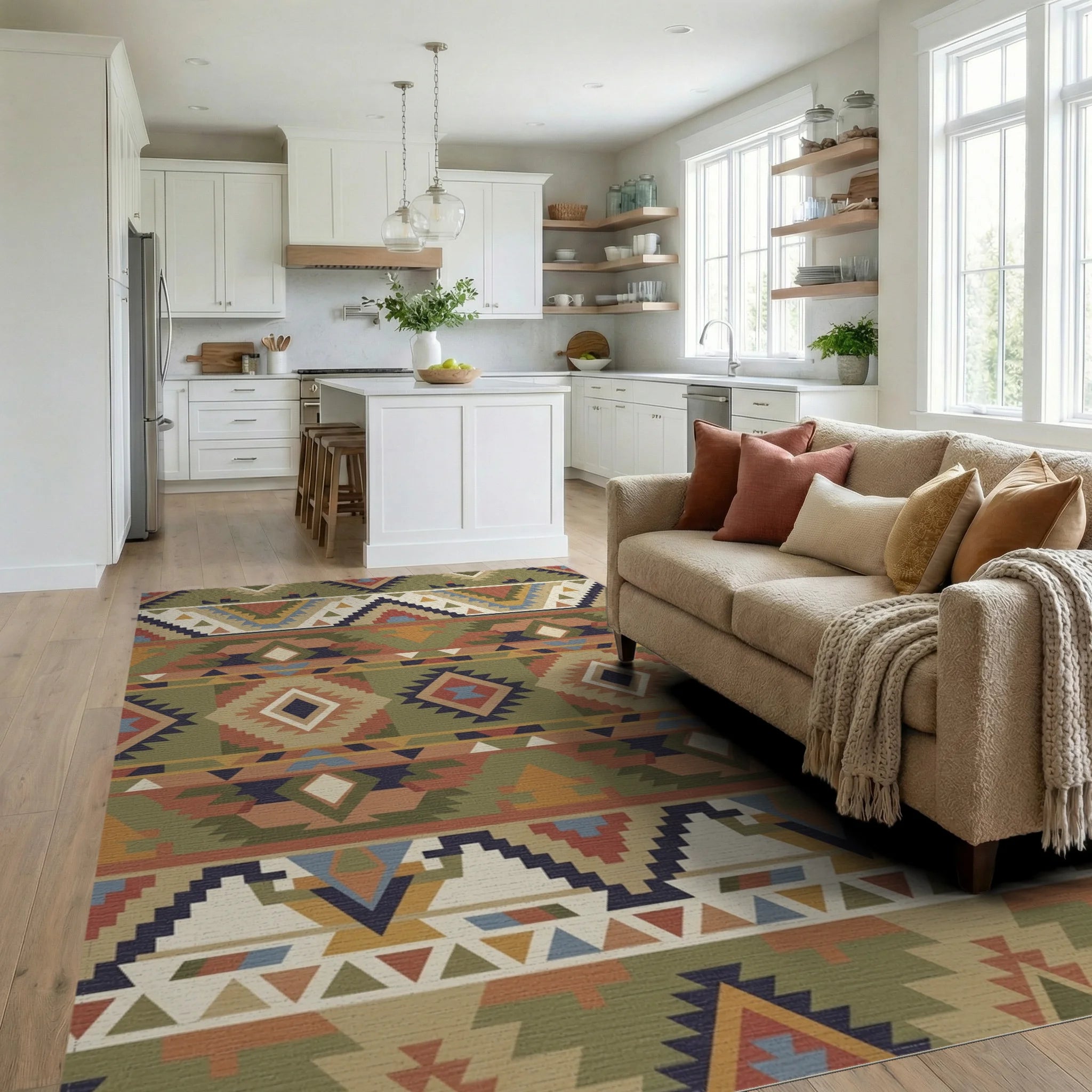 Earthy Earthy Ethnic Diamond Geometric Rug Living Room View