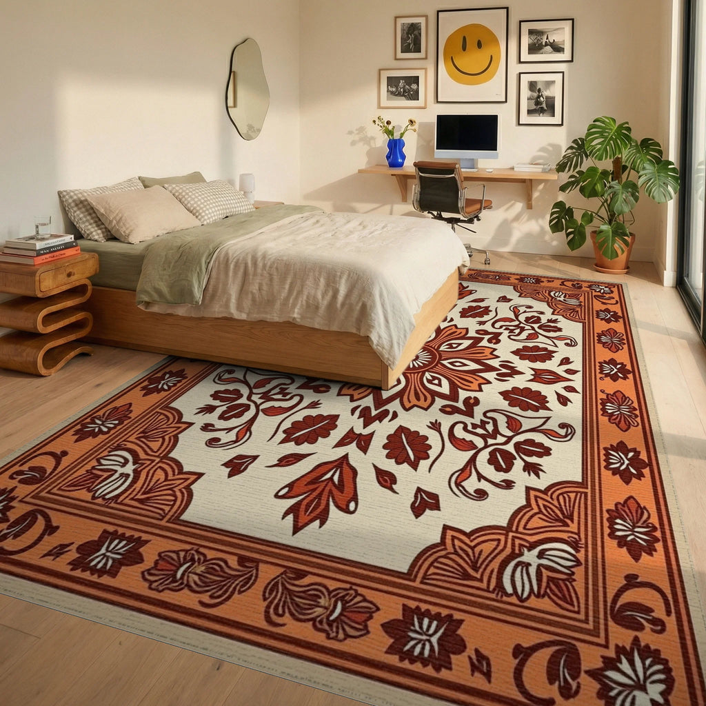 Earthy Floral Medallion Terracotta Accent Rug Bedroom View
