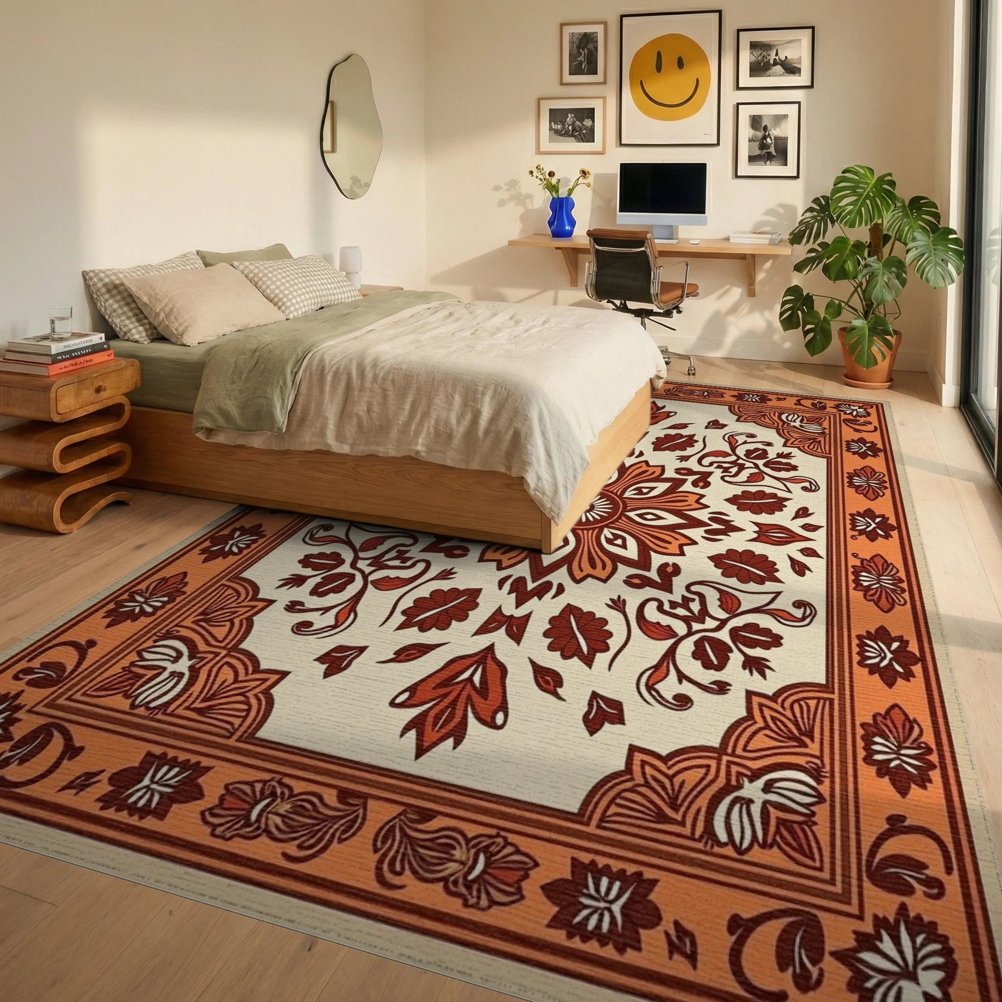 Earthy Floral Medallion Terracotta Accent Rug Bedroom View