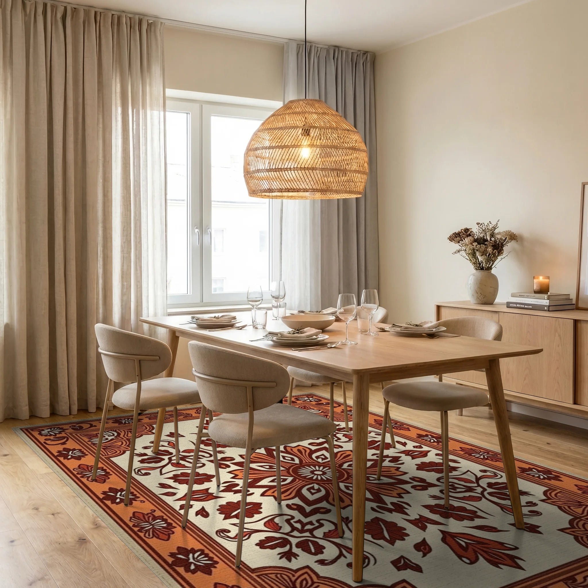 Earthy Floral Medallion Terracotta Accent Rug Dining Room View