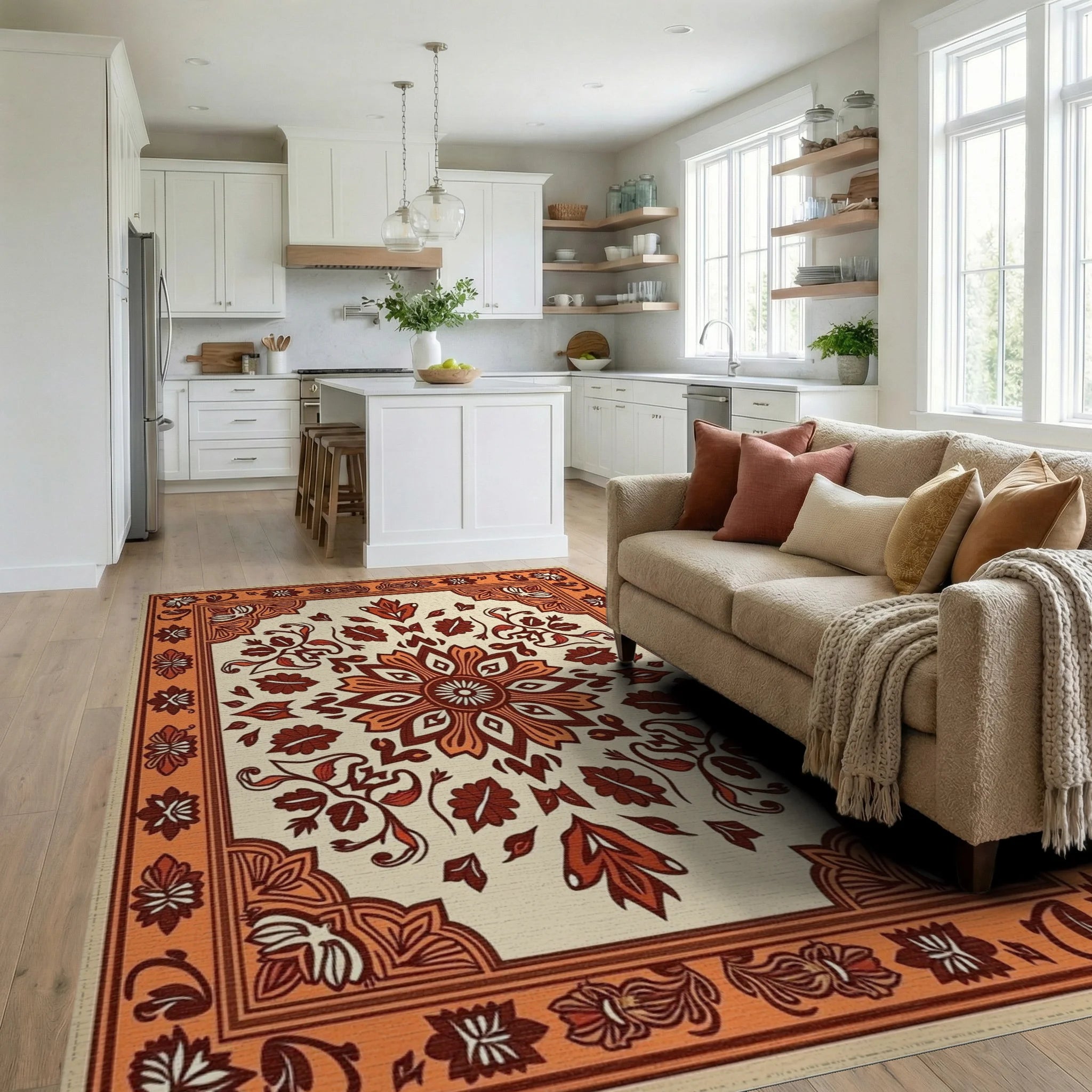 Earthy Floral Medallion Terracotta Accent Rug Living Room View