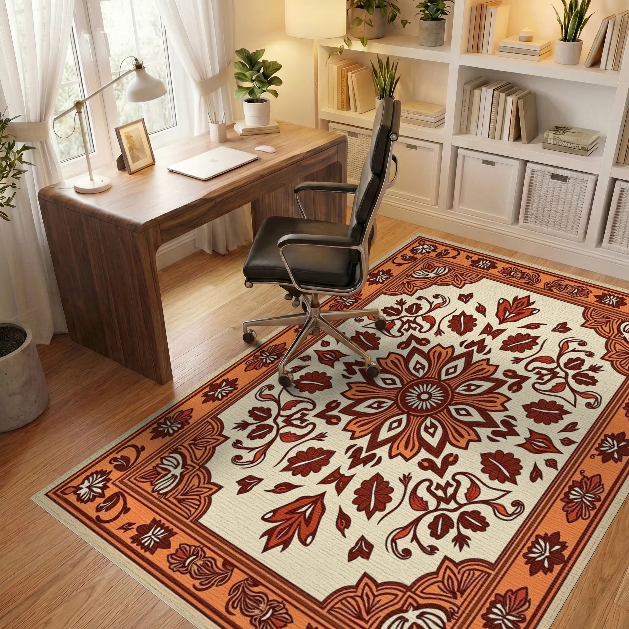 Earthy Floral Medallion Terracotta Accent Rug Office View