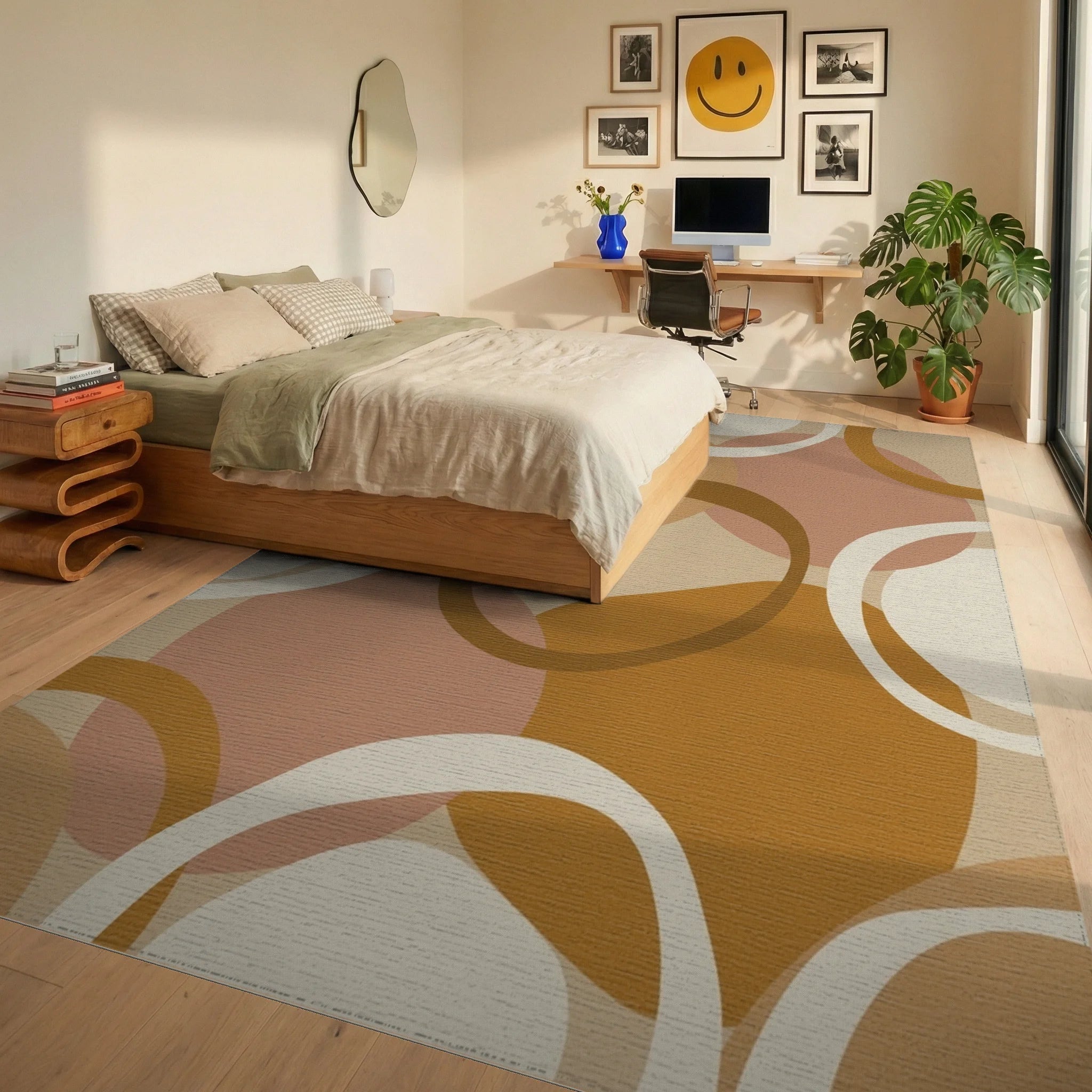 Earthy Geometric Abstract Circles Rug Bedroom View