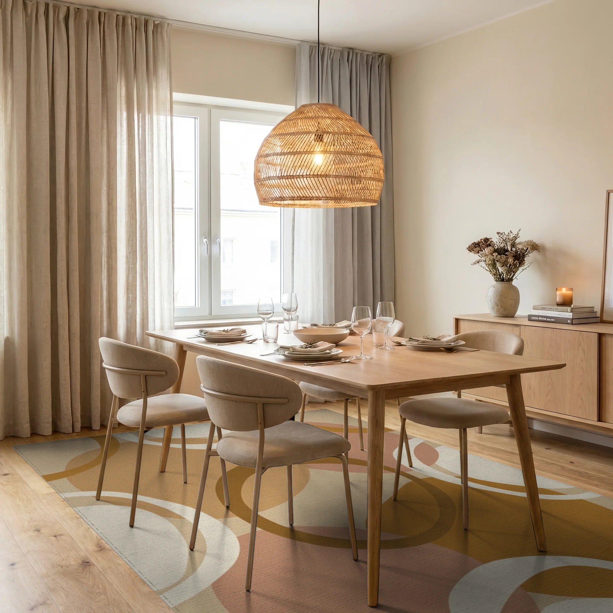 Earthy Geometric Abstract Circles Rug Dining Room View
