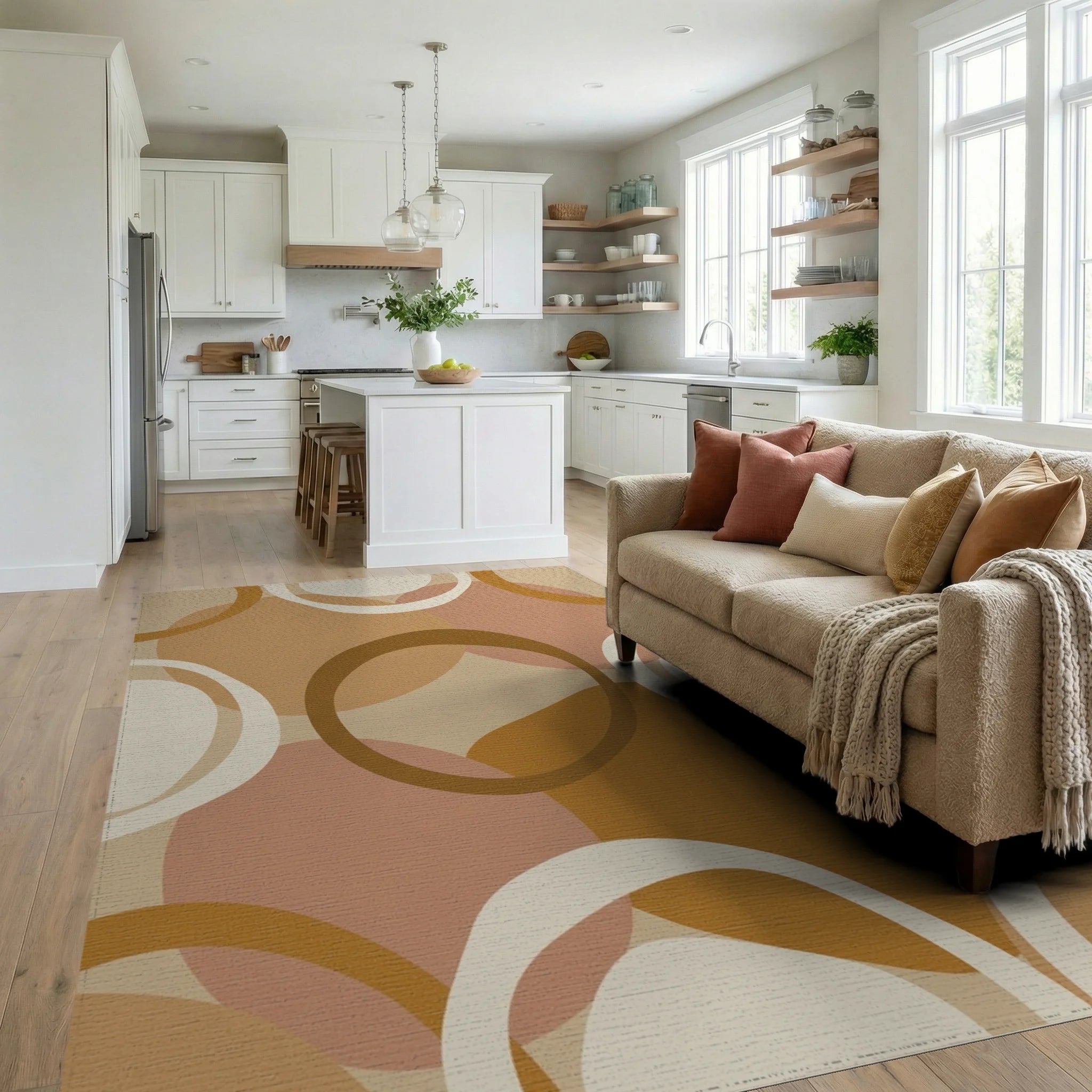 Earthy Geometric Abstract Circles Rug Living Room View