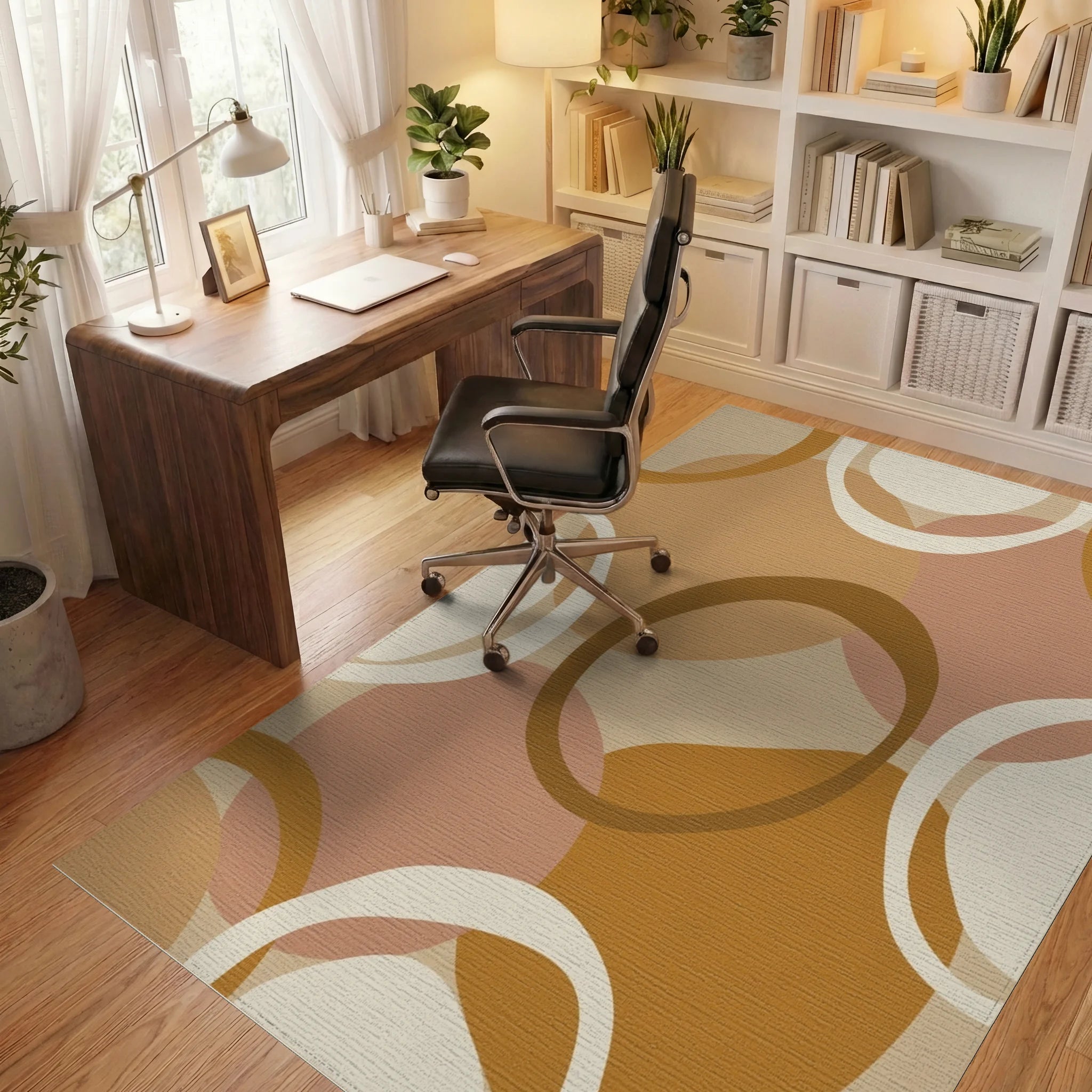 Earthy Geometric Abstract Circles Rug Office View