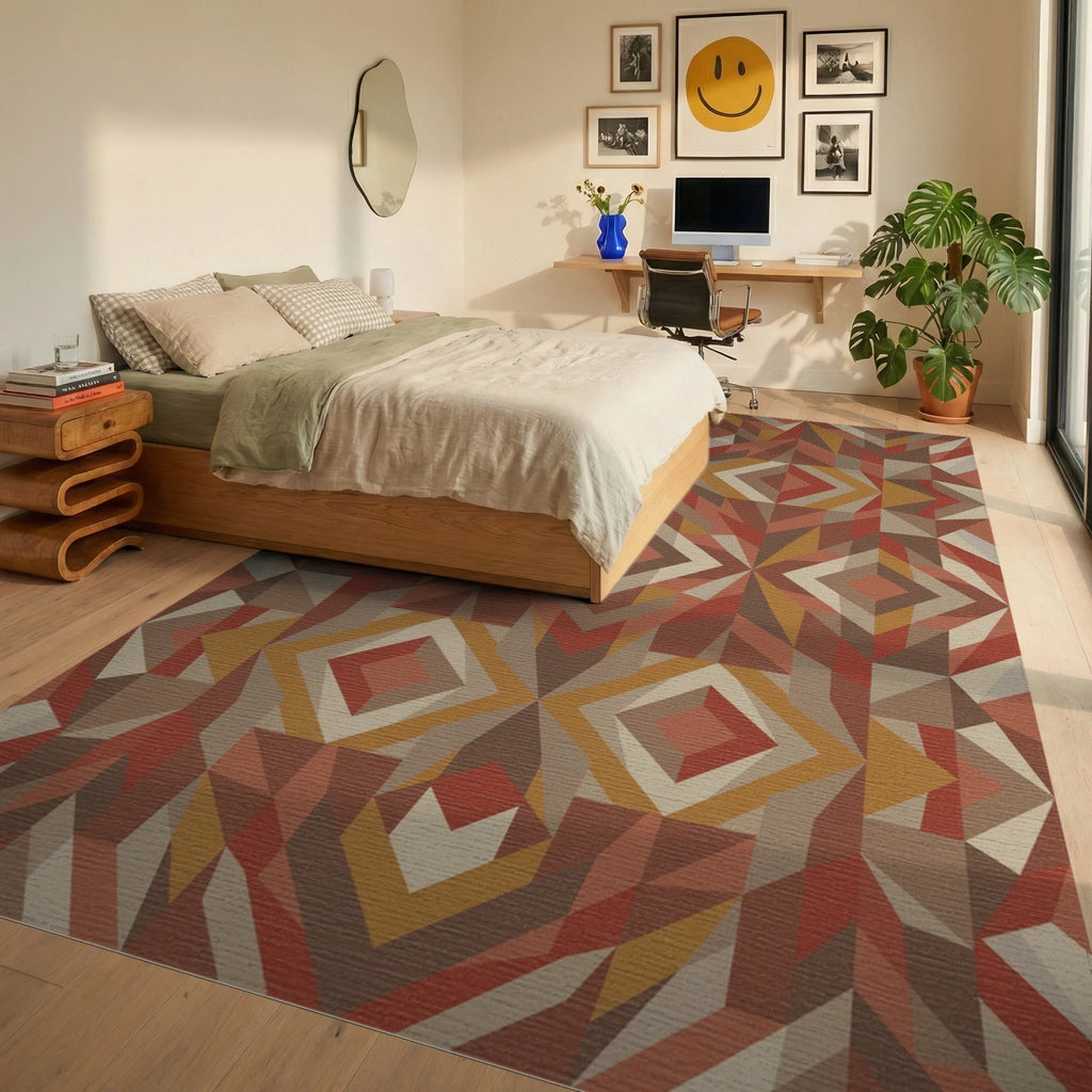 Earthy Geometric Diamond Statement Rug Bedroom View
