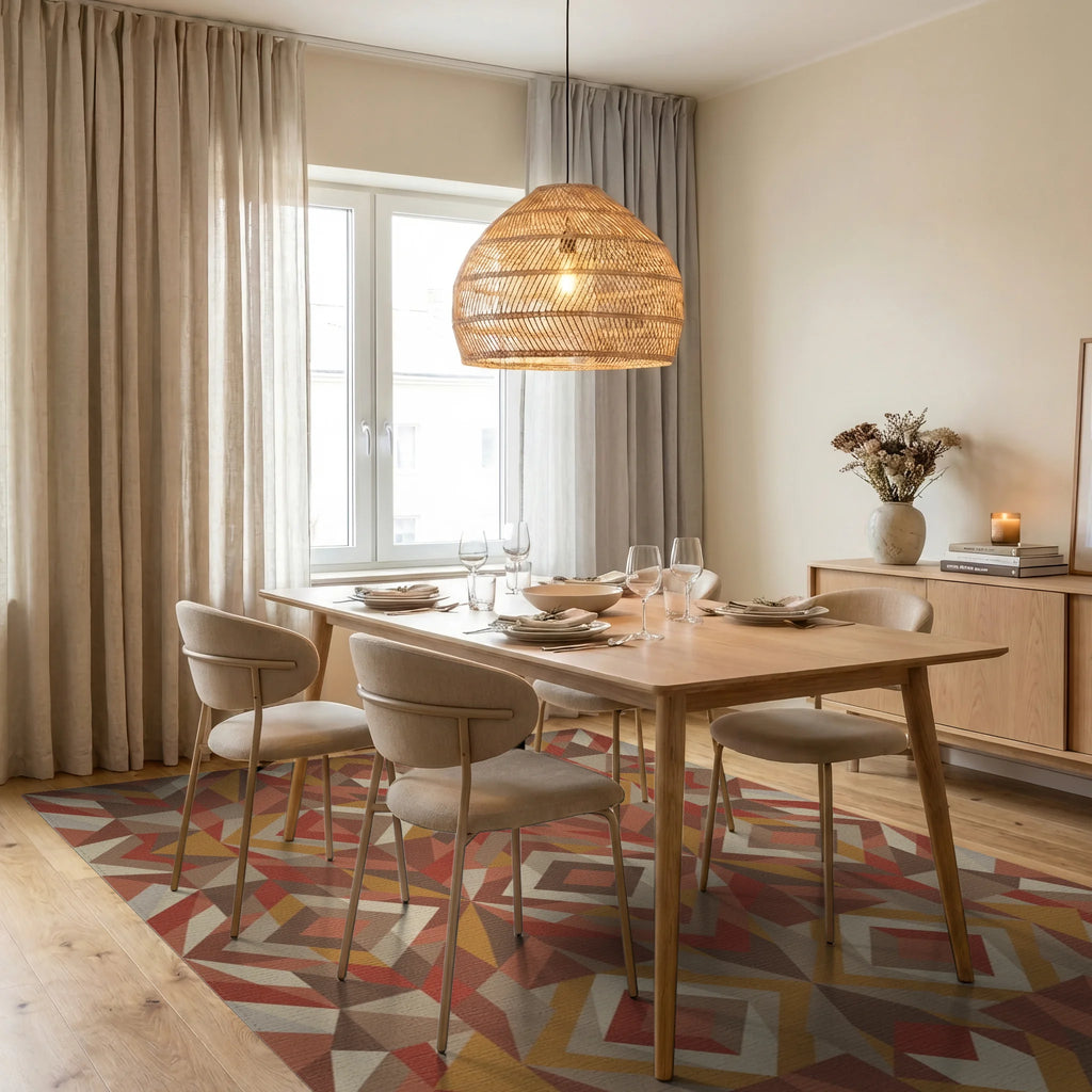 Earthy Geometric Diamond Statement Rug Dining Room View