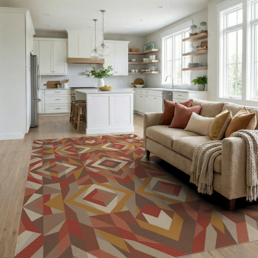 Earthy Geometric Diamond Statement Rug Living Room View