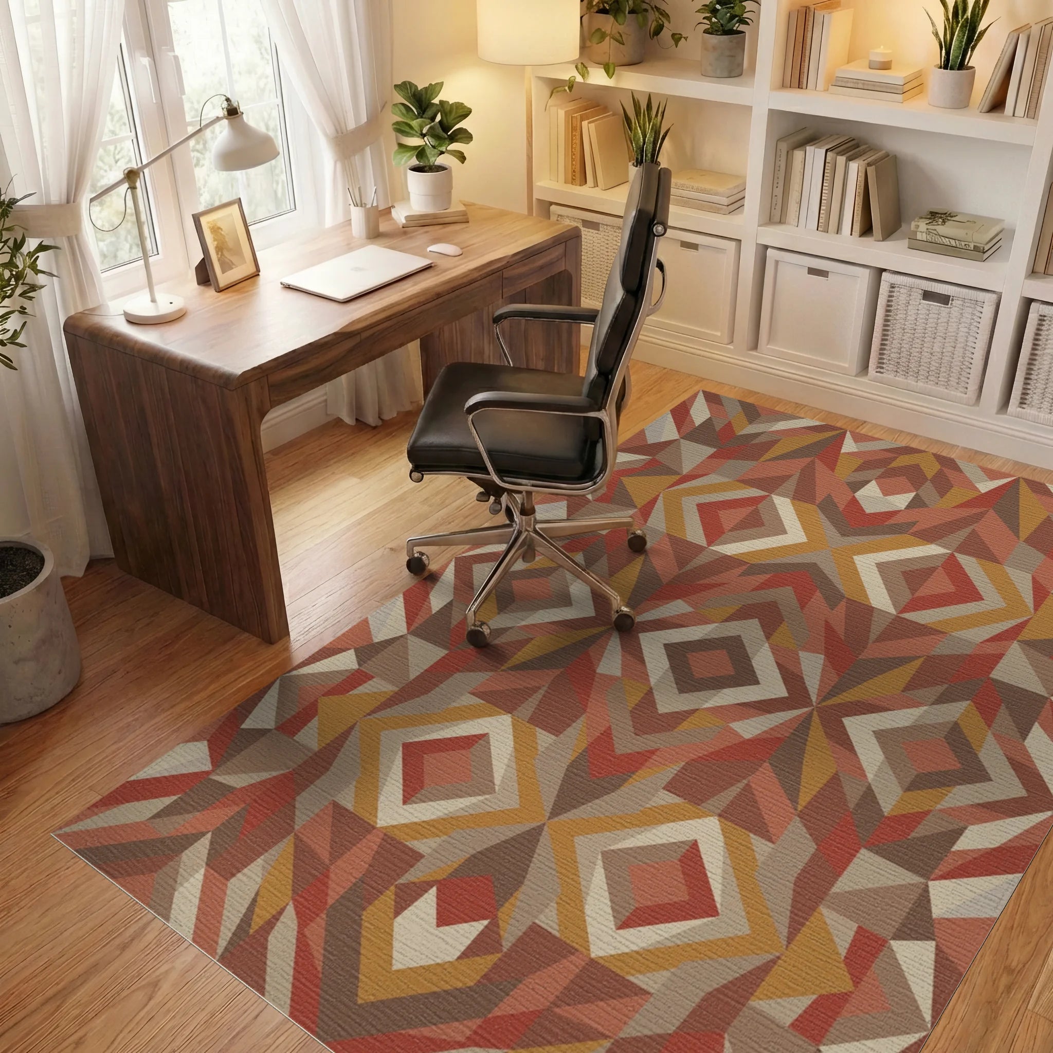 Earthy Geometric Diamond Statement Rug Office View