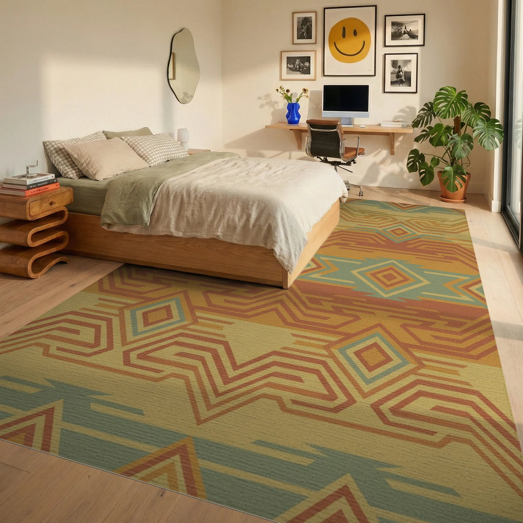 Earthy Geometric Diamond Zigzag Rug Bedroom View