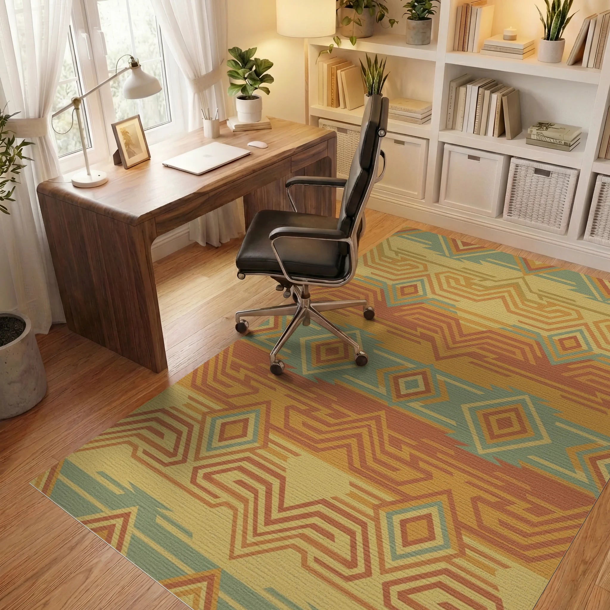 Earthy Geometric Diamond Zigzag Rug Office View