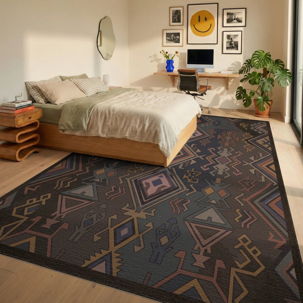 Earthy Geometric Tribal Diamond Rug Bedroom View
