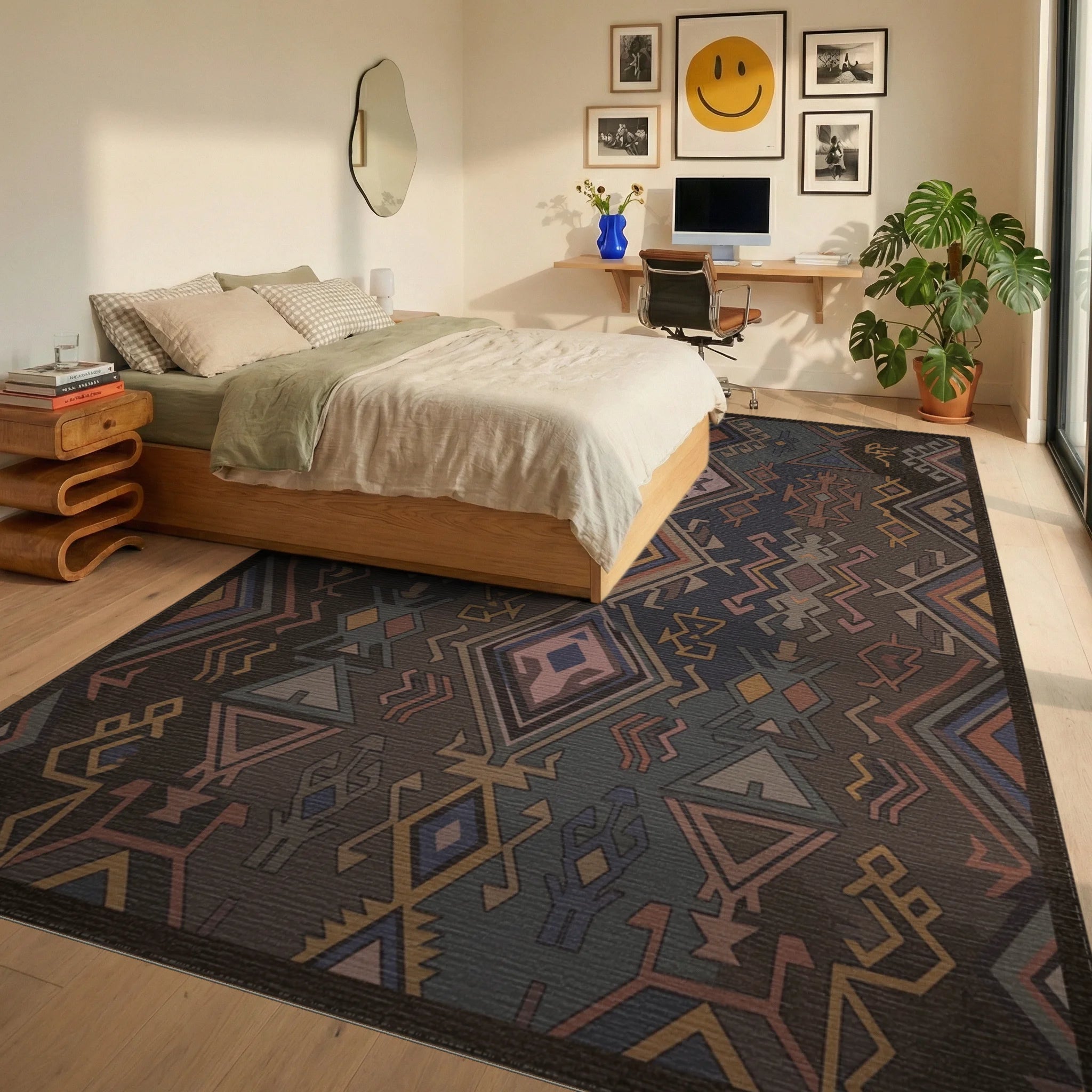 Earthy Geometric Tribal Diamond Rug Bedroom View