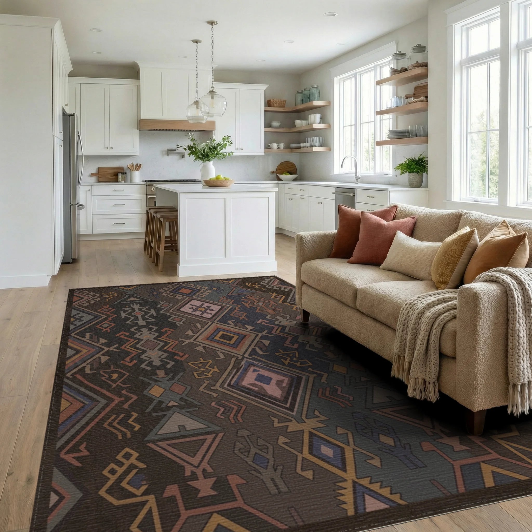 Earthy Geometric Tribal Diamond Rug Living Room View